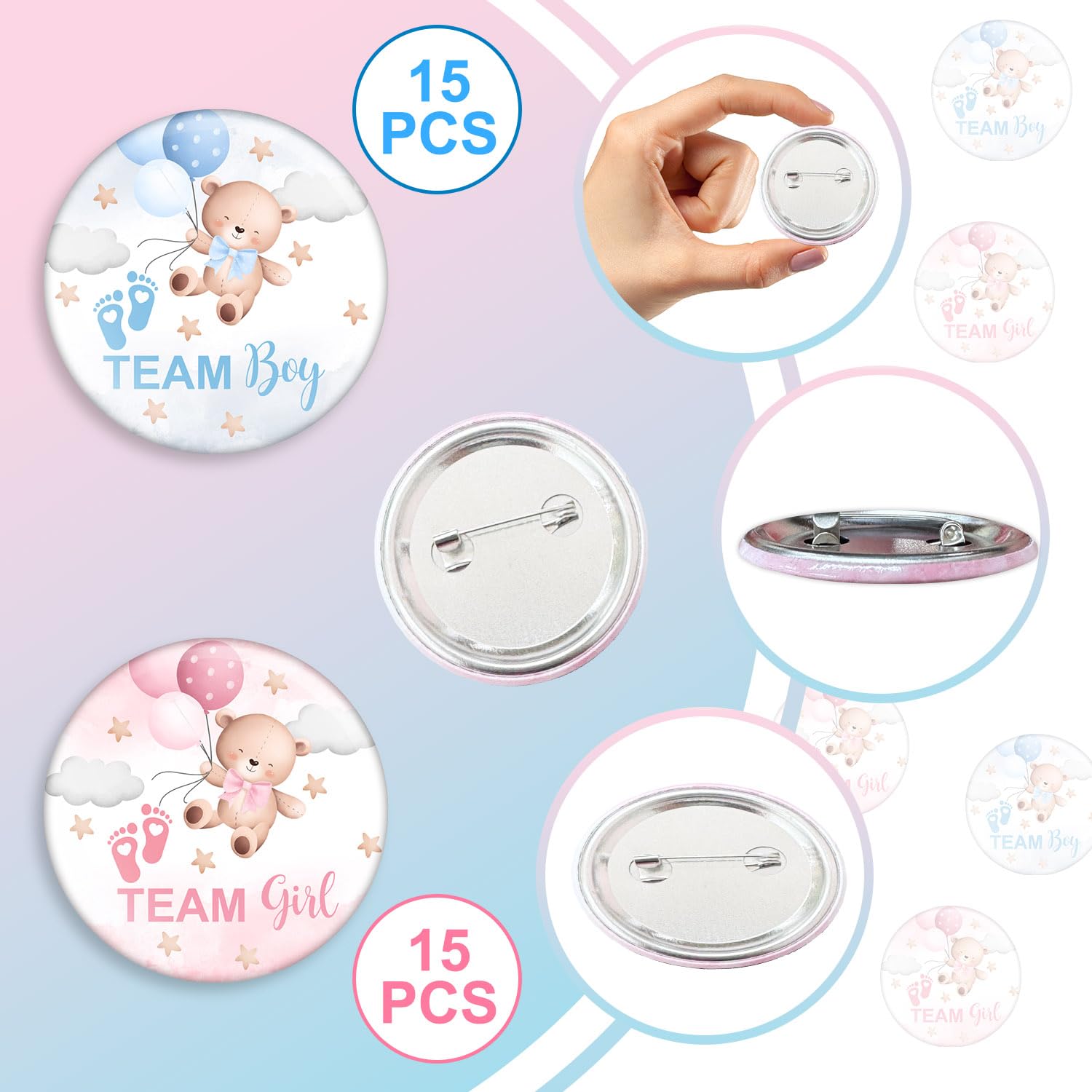 Przyciski ujawniające płeć na baby shower, przypinki drużynowe do ujawnienia płci, przypinki do gier dla gości, przypinki na imprezę dla dzieci, przypinki do gier imprezowych, 30 szt. 30 szt. 3,5 cala