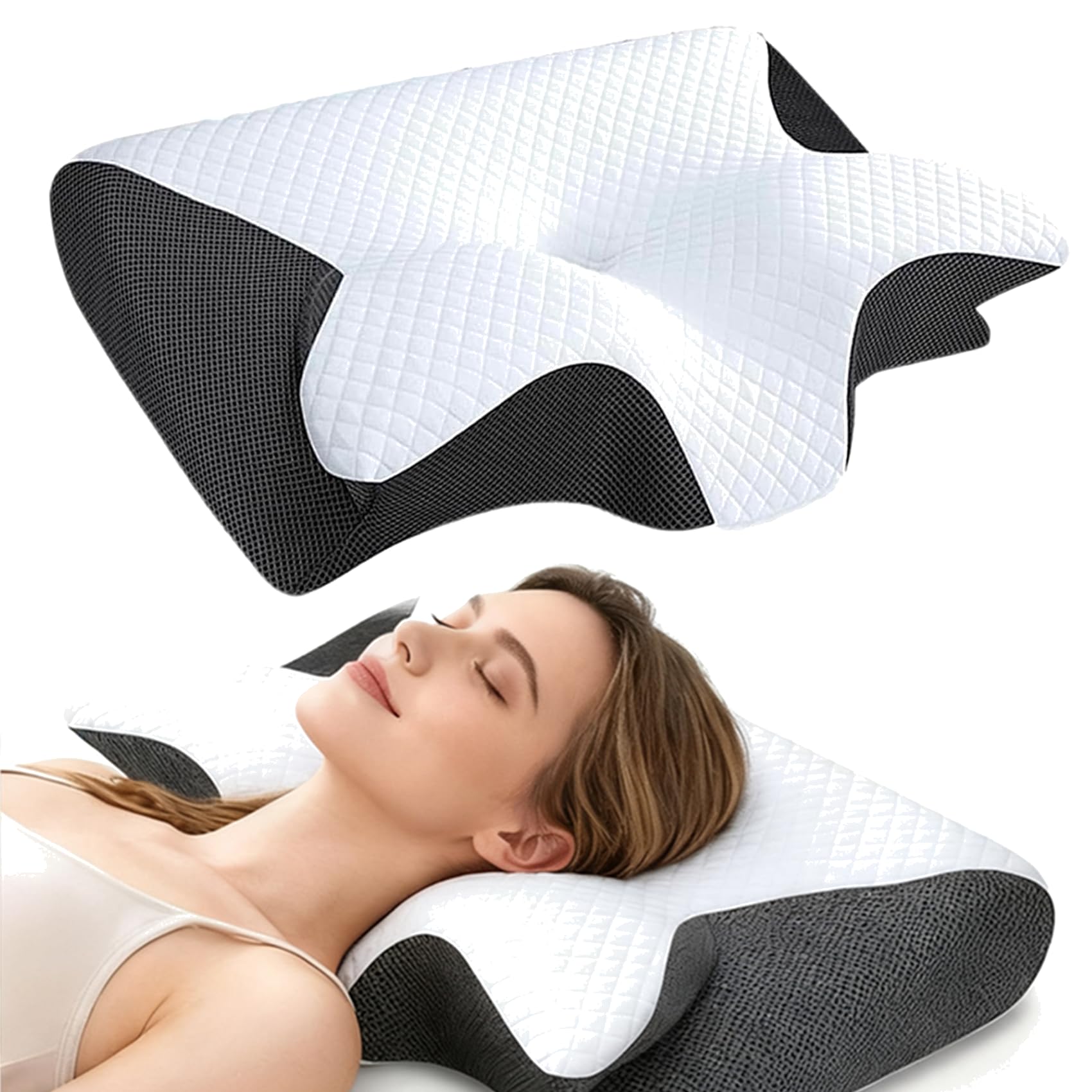Curo Sleep Kissen Original, Curo Sleep Kissen, Ergonomisches OrthopäDisches Kissen Mit Konturierter SeitenstüTze, Bietet UnterstüTzung für Seiten, RüCken und Bauchposition (Schwarz)