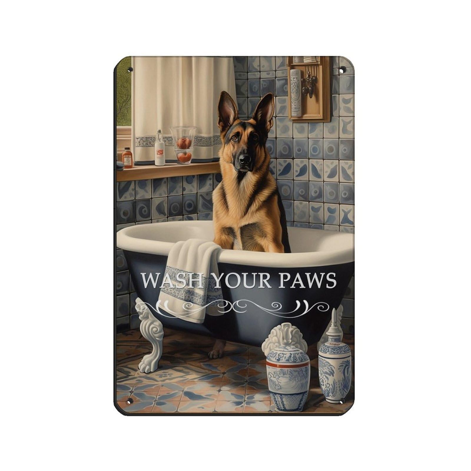 German Shepherd in Bath Fun Bathroom Art Retro Poster Metal Tin Sign Chic Art Retro Iron Painting Bar People Cave Cafe Family Garage Poster Wall Decoration 8x12inch(20x30cm)