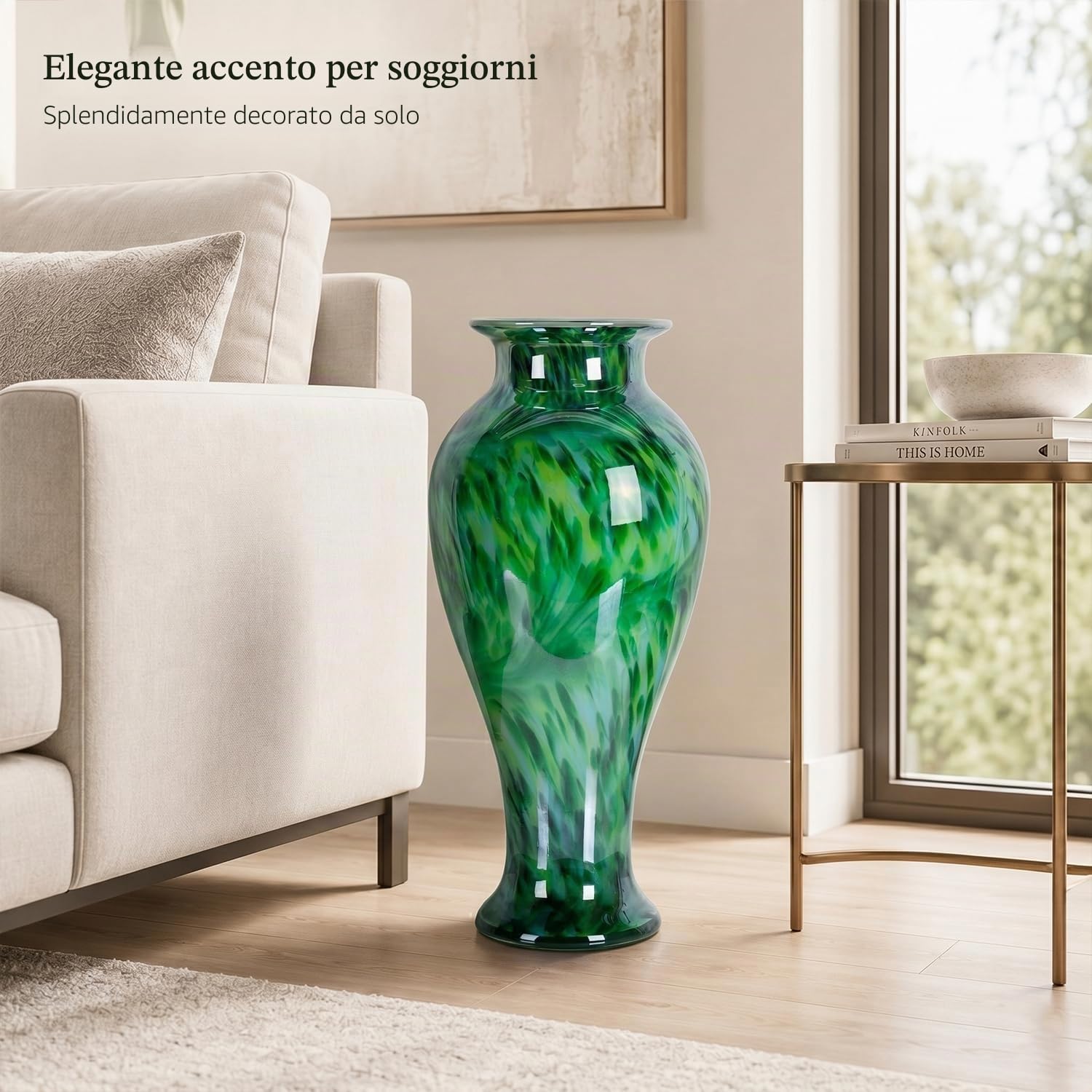 Vaso di vetro verde alto 50,8 cm, soffiato a mano, grande vaso di vetro da pavimento, decorazione per la casa, graziosi moderni vasi di fiori verde scuro, Jarrones Grandes para Sala Elegantes, grandi