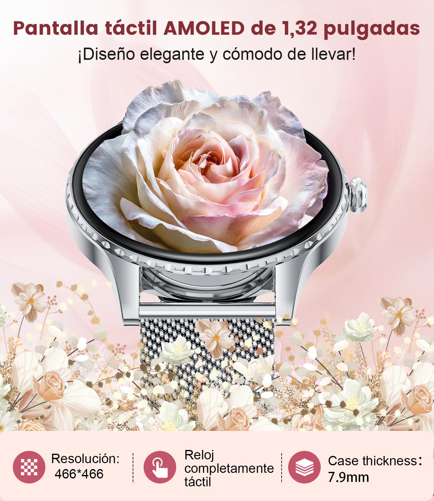 Reloj Inteligente Mujer Redondo,1.32" Amoled/Llamadas Bluetooth,SmartWatch Mujer con Función Femenina/Monitor de Sueño/24H Pulsometro,110+ Deportes/IP68 para iOS Android (Malla de Plata)