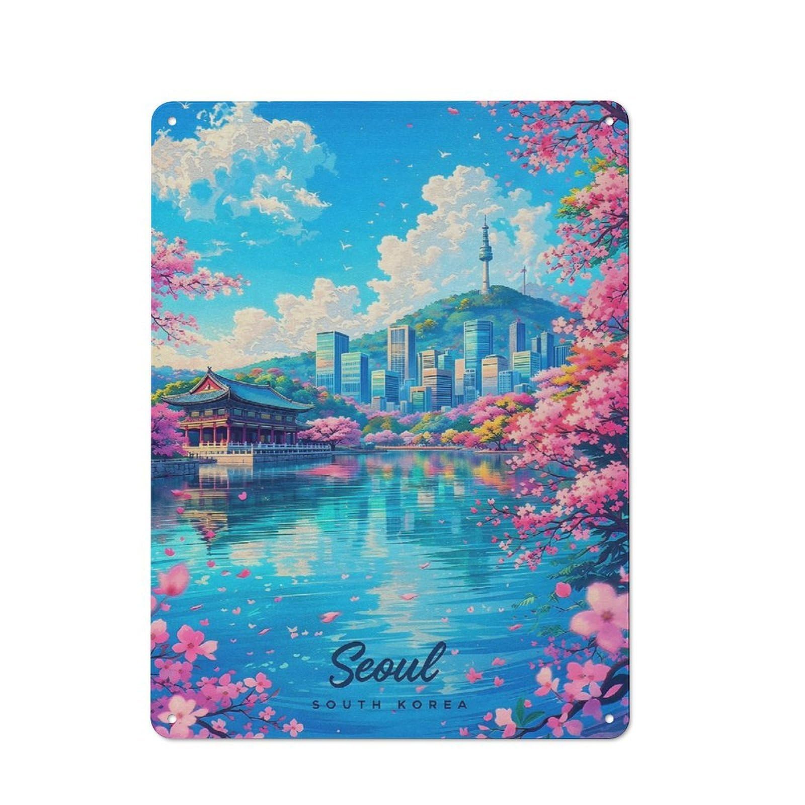 Junmoney Style-18 Retro Metal Plaque 40X30cm Featuring Seoul Cityscape With Cherry Blossoms For Workshop Wall, For Metal Sign Collectors, For Garage And Workshop Walls