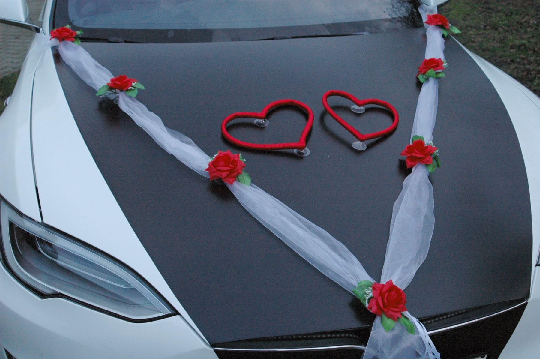 HERZSCHMUCK Décoration de voiture pour couple de mariés - Rose - Décoration de voiture de mariage - Guirlande de voiture (M rouge blanc)