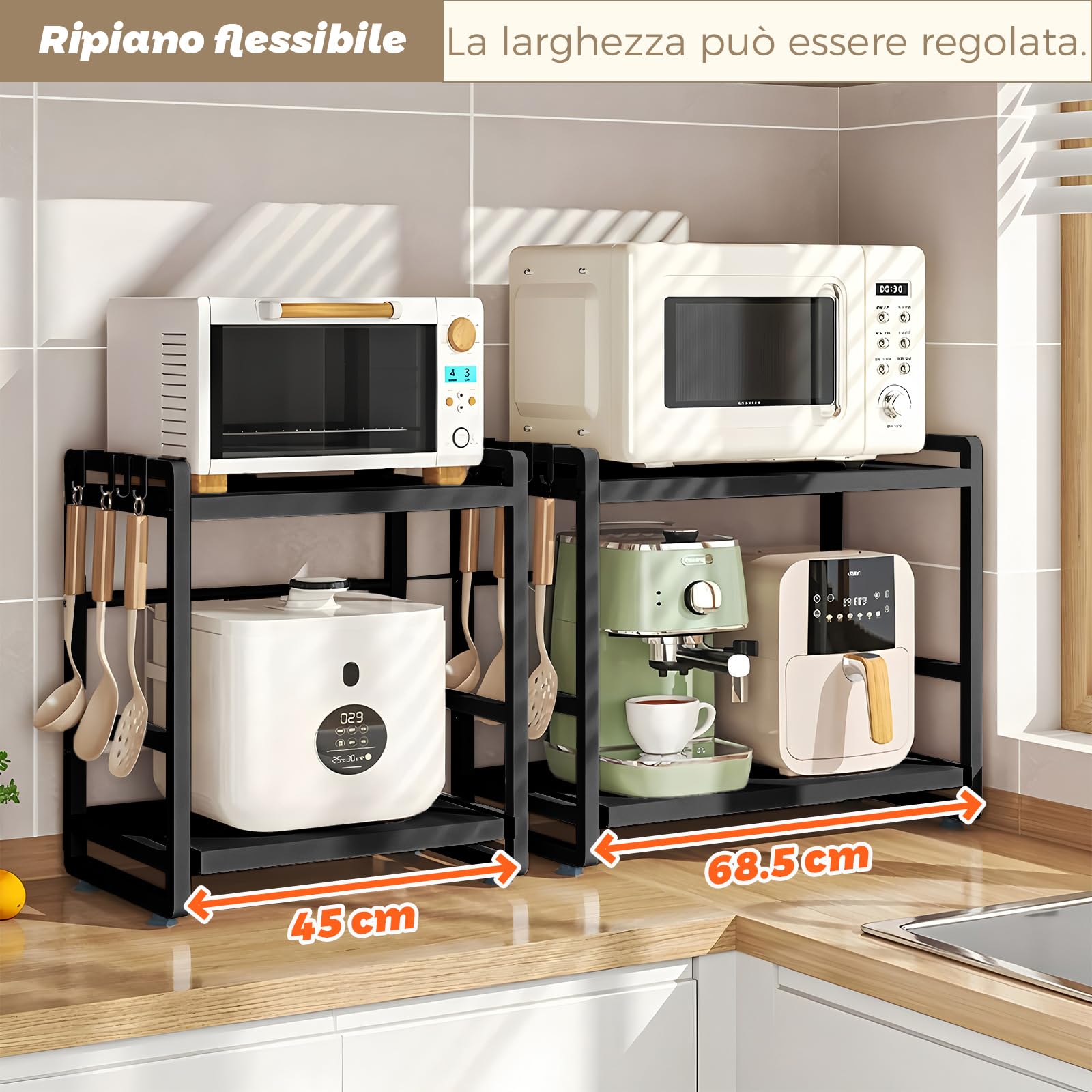 BeSokar Scaffale per microonde a 2 ripiani, regolabile in altezza ed estraibile, con cassetto, in acciaio al carbonio, con ganci e ventose di rinforzo, facile da montare (nero)