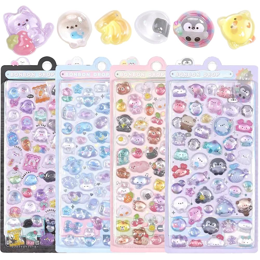 3D Puffy Sticker Set, 4 Sheets Mini 3D Puffy Stickers, Mini Kawaii Pattern Small Animal Sticker, Crystal Cartoon Animal Decal for Scrapbooks Journals Laptops Phone Case DIY