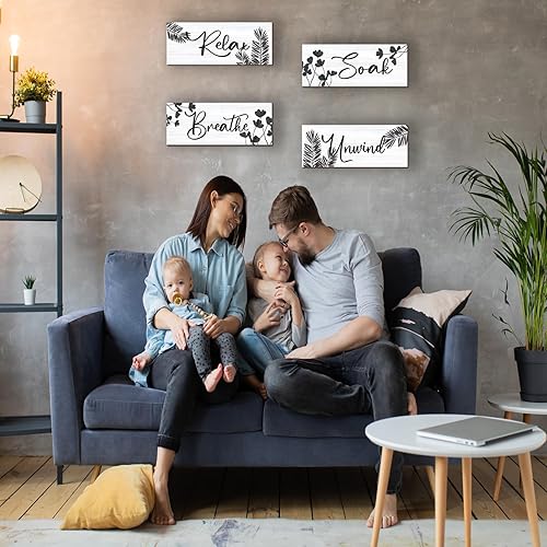 Miniatura 10 de 4 piezas de decoración de pared de baño de granja Relax Soak Unwind Breathe, letrero de madera para colgar, arte de pared rústico para oficina,