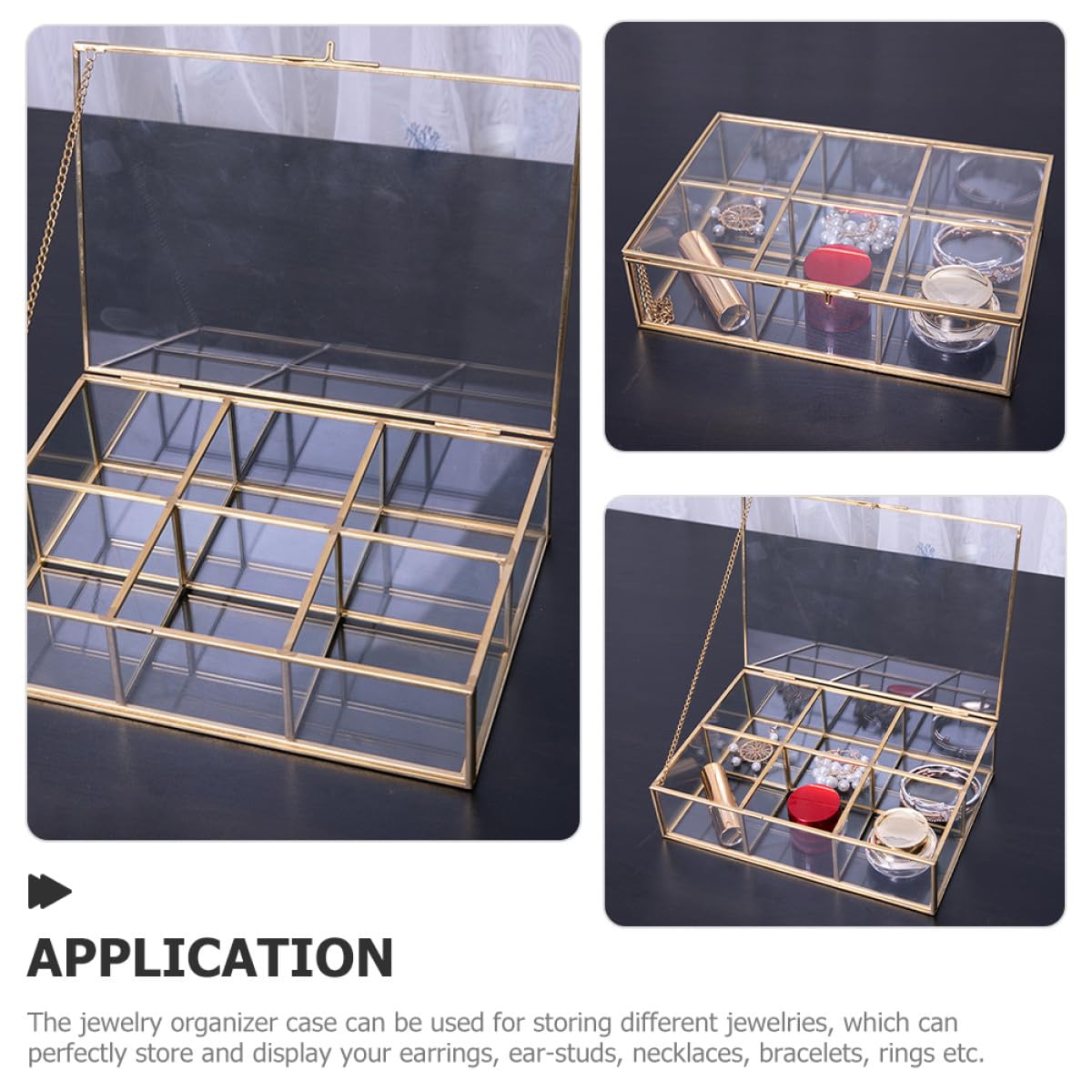 KICHOUSE Schmuckkästchen mit 6 Fächern, Legierung und Glas, Multi Slot | Ringe und Halsketten, Transparentes Design, für Schmuckläden und Zuhause