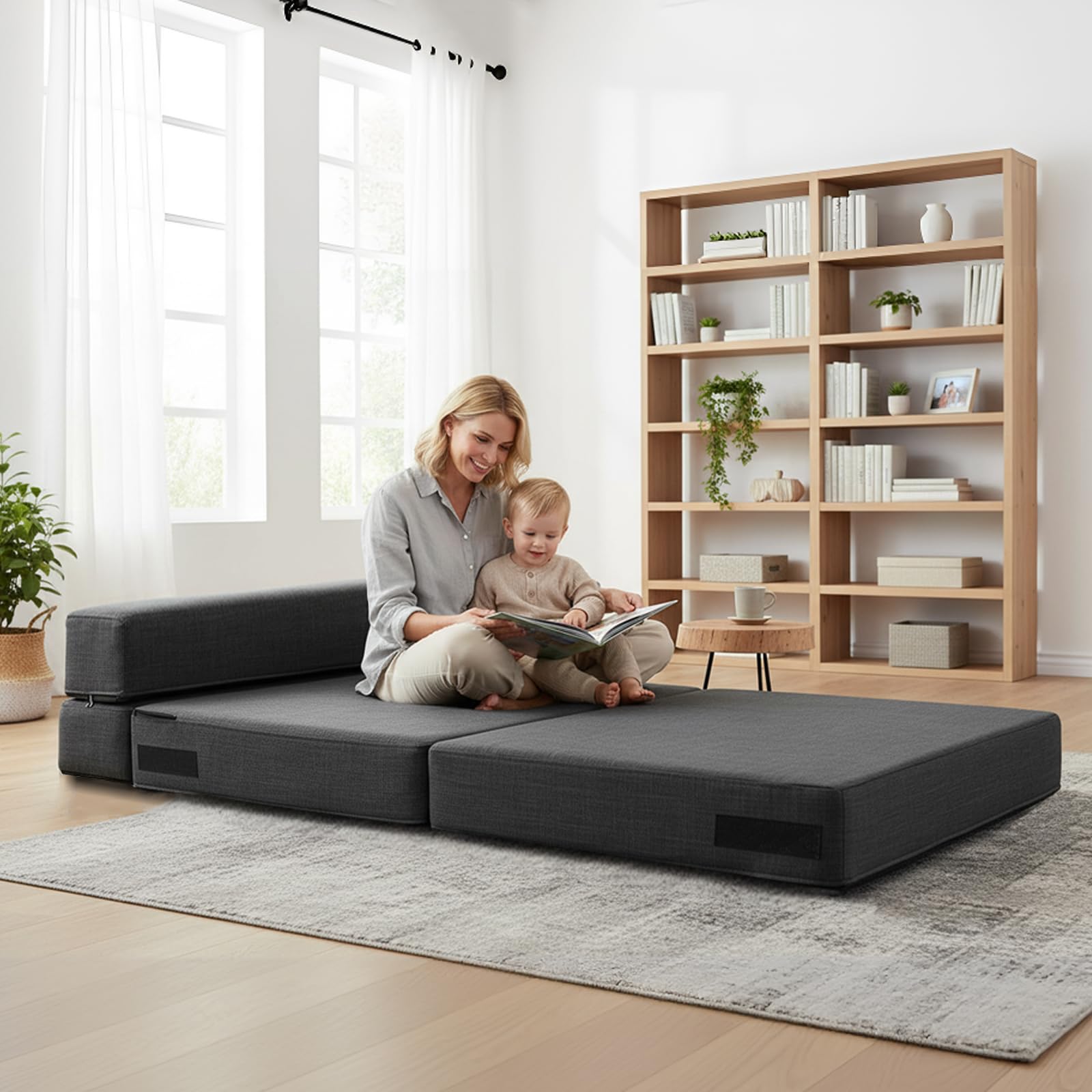 Folding Sleeper Chair Sofa Bed with Pillow, Memory Foam Fold Out Chair Bed | Floor Futon Couch Convertible Sofa, Foldable Chaise Lounge for Living Room, Twin Size, Dark Gray
