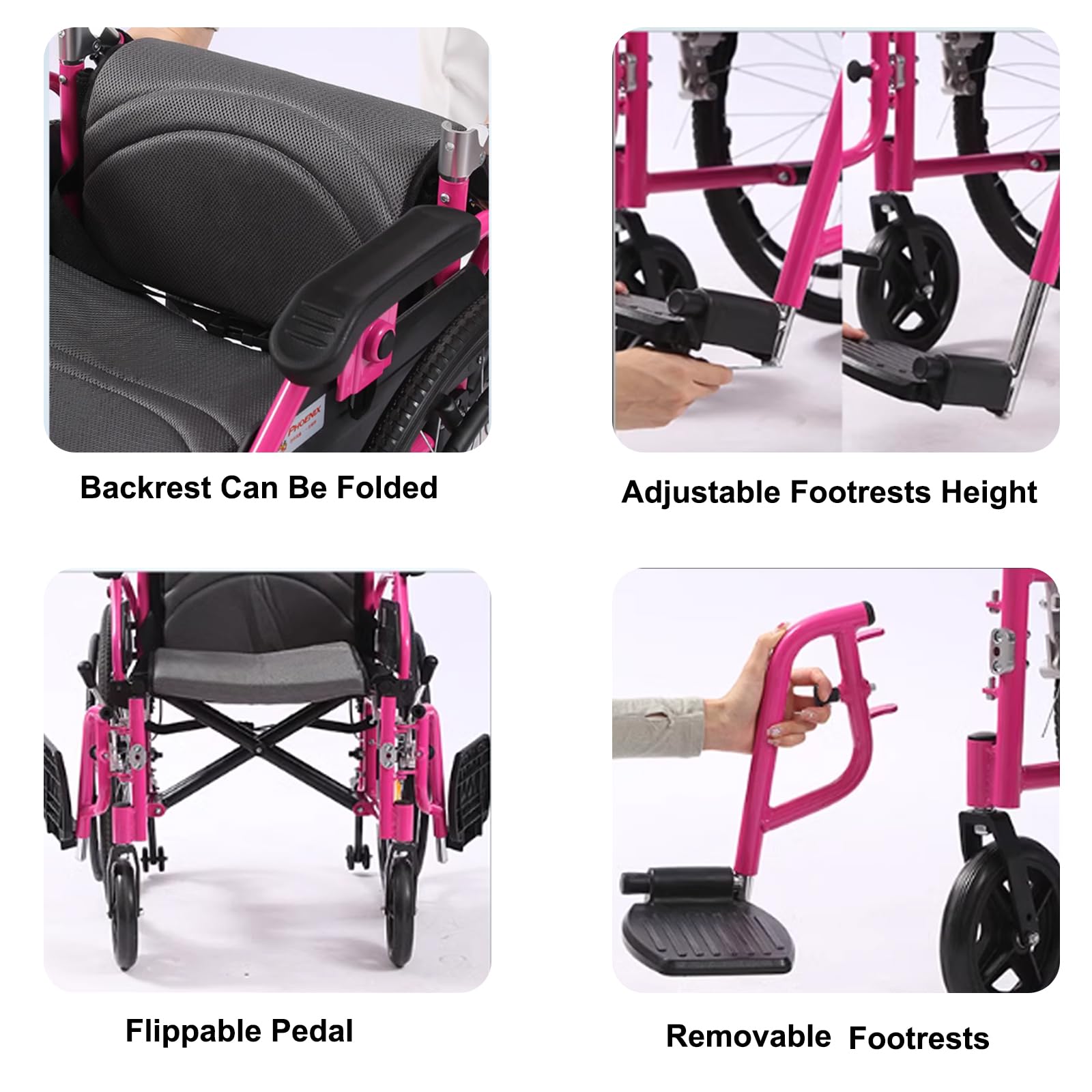 Silla de Ruedas de tránsito, Silla de ruedas aluminio plegable ligera con autopropulsión, Frenos manuales, Antivuelco(18.8" Seat Width,Pink)