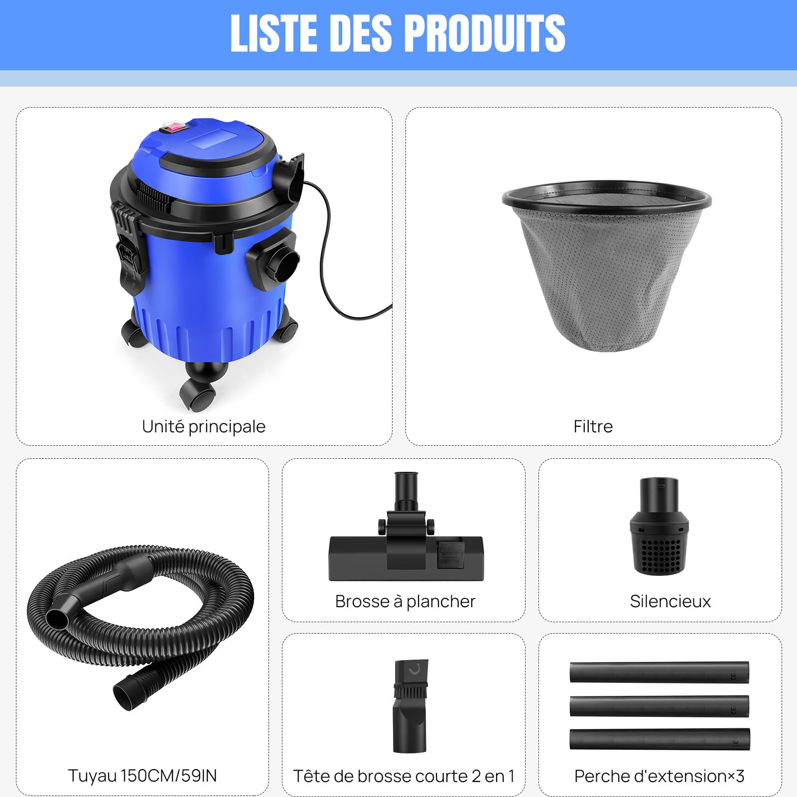 Lucn Aspirador 3 en 1 sin bolsa, Agua y polvo, Aspirador Industrial 15L