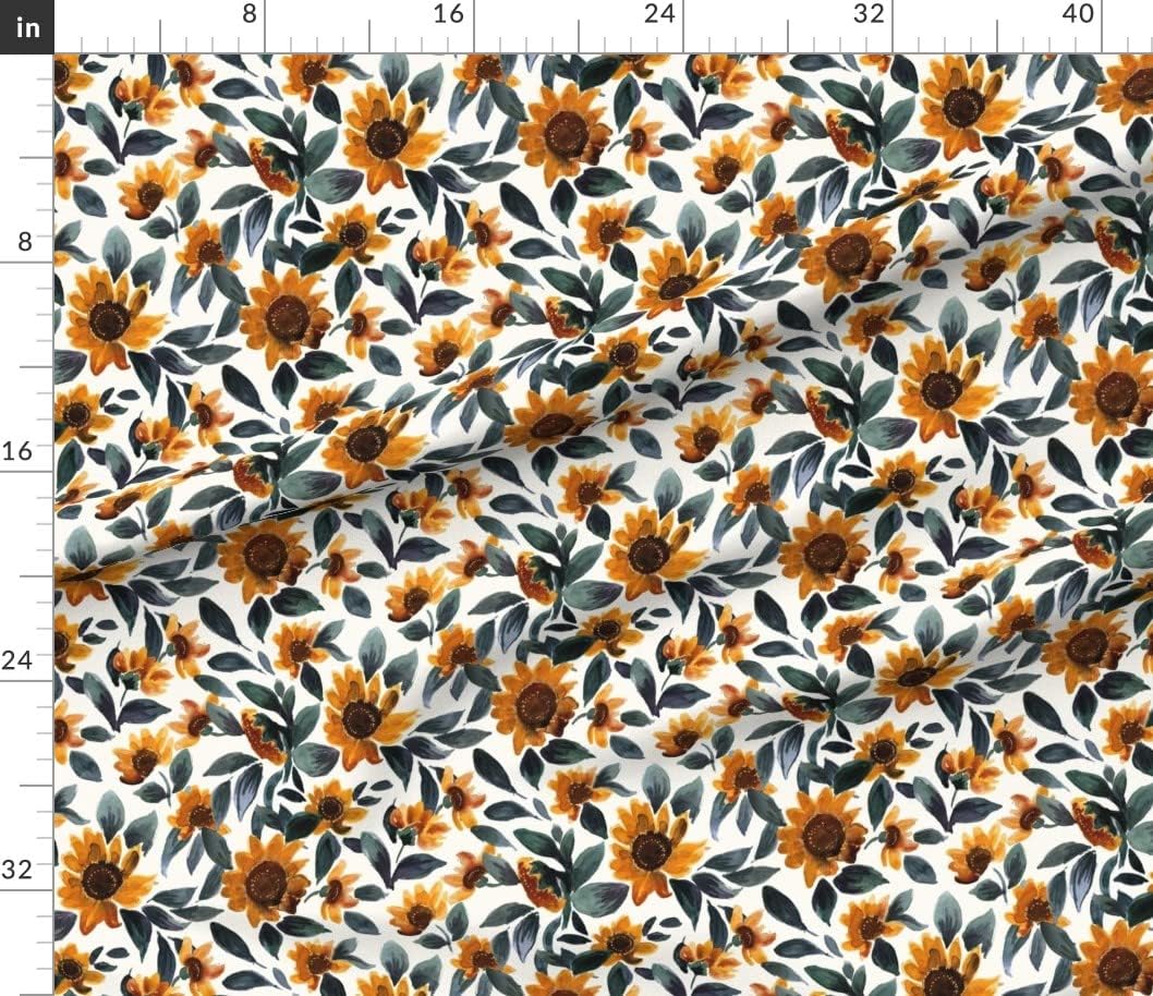Spoonflower Fabric - Sunset Sunflowers Teal Leaves Flower Yellow Floral Gold Summer Daisy Printed on Petal Signature Cotton Fabric by The Yard - Sewing Quilting Apparel Crafts Decor