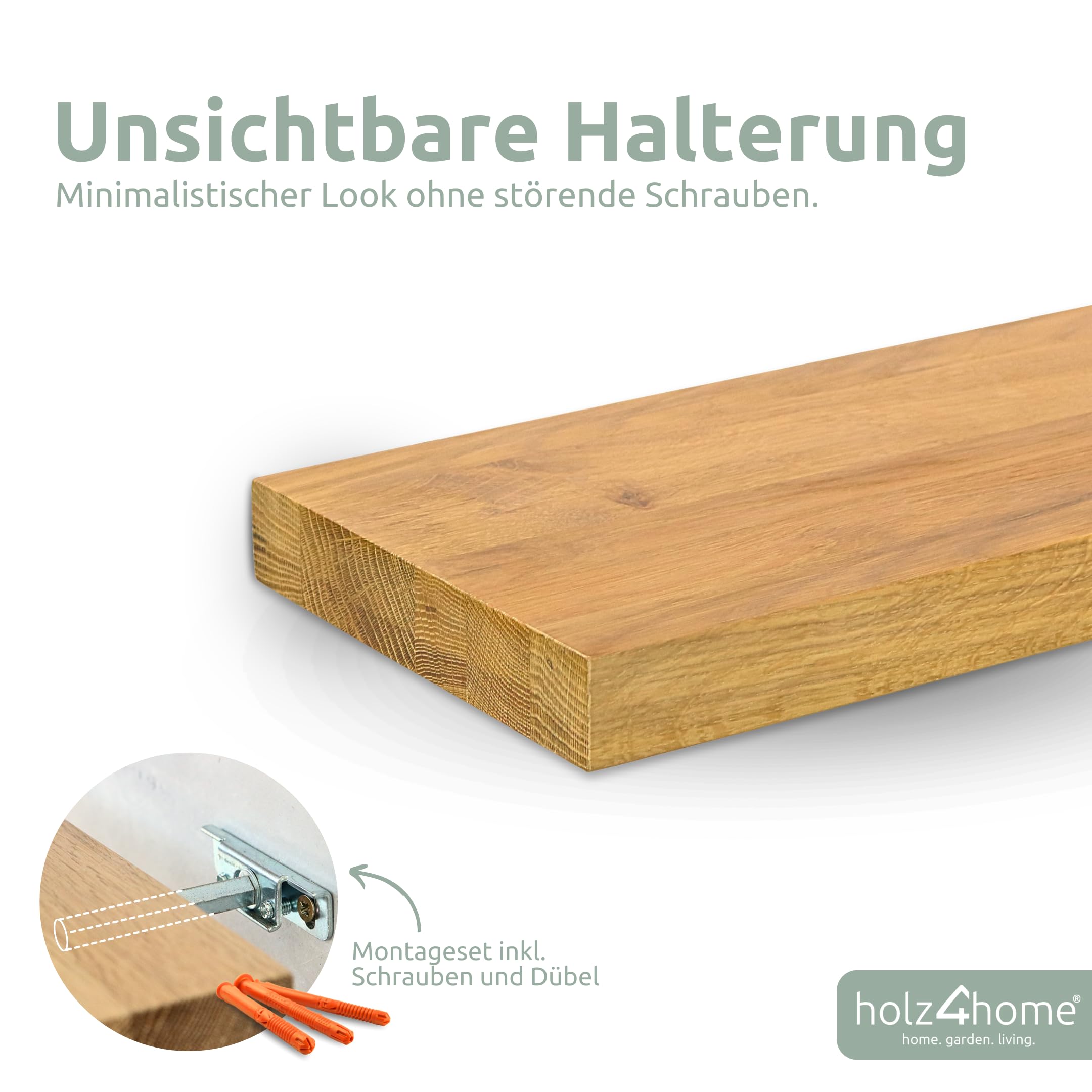 holz4home® Wandregal ohne Baumkante 120 cm Länge, Natur Geölt I Schweberegal Massivholz I Unsichtbare Befestigung moderner Stil I Wandboard Echtholz