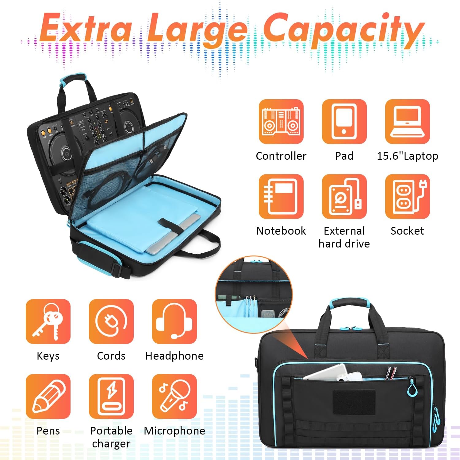 DJ Controller Case for DDJ-FLX4/ 200/400/SR2/REV1 Numark Party Mix 2/Mixtrack Platinum FX with 15.6" Laptop Compartment, DJ Controller Bag with Thick EVA Padding, Black+Blue