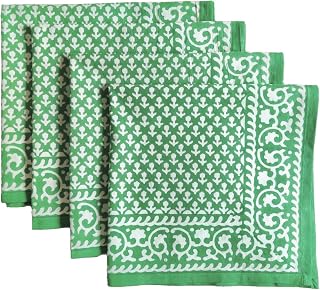 ATOSII Queen Green 100% Cotton Fall Cloth Designer Dinner Napkins, Handblock Print, Washable Durable Linen for Everyday Use Wedding Parties Outdoors Christmas Thanksgiving I 20 X 20 Inches I Set of 4