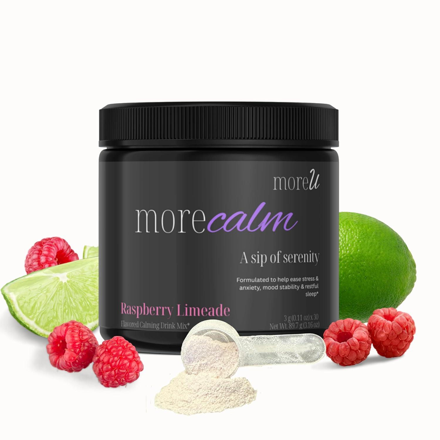 morecalm Powdered Drink Mix – Safe Stress Relief & Sleep Support, Kid-Friendly, 30 serving jar (30 Servings, Raspberry Limeade)