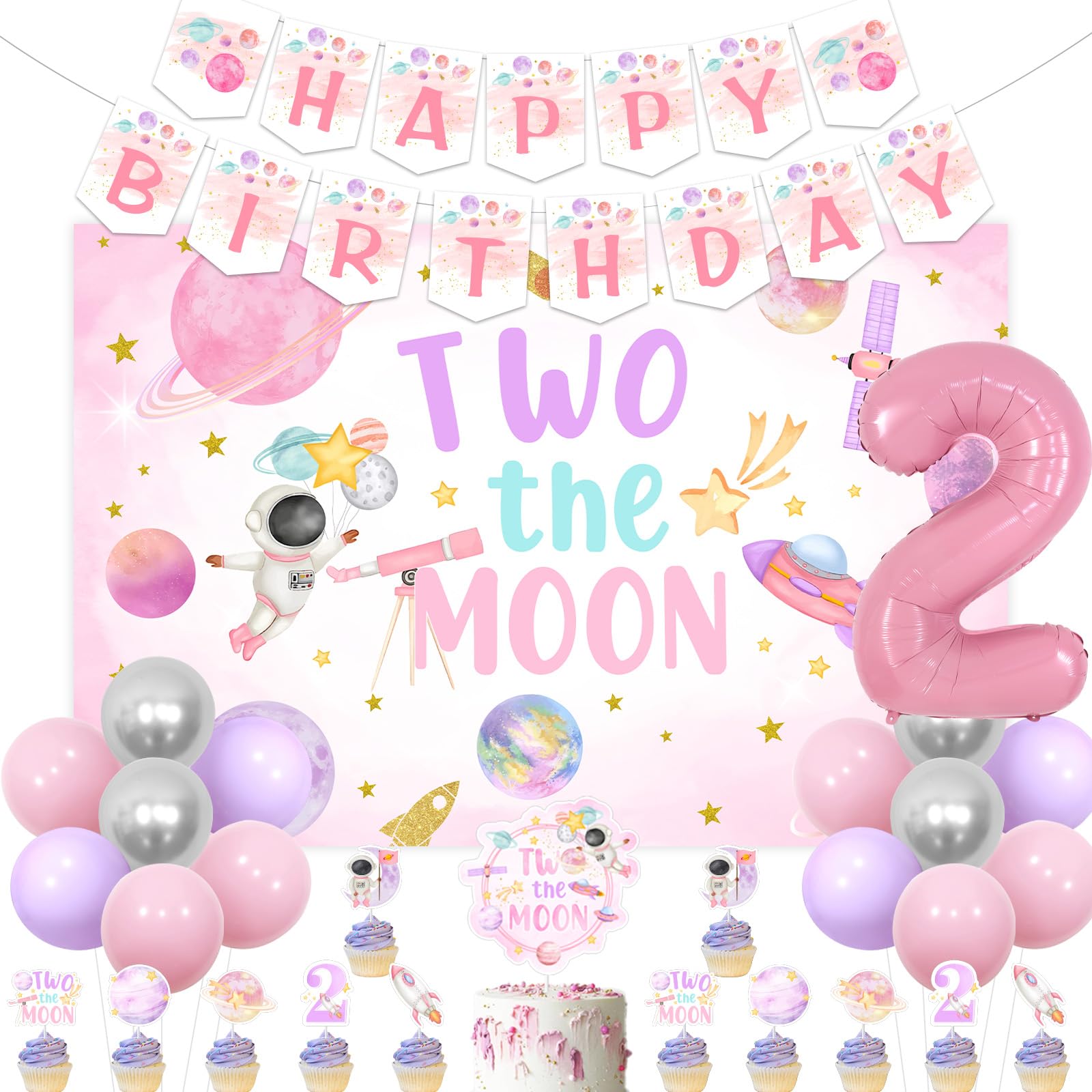 Jollyboom Two The Moon Birthday Decorations Girl, Outer Space 2nd Birthday Backdrop Banner Cake Cupcake Topper Pink Number 2 Foil Balloon for Girl 2