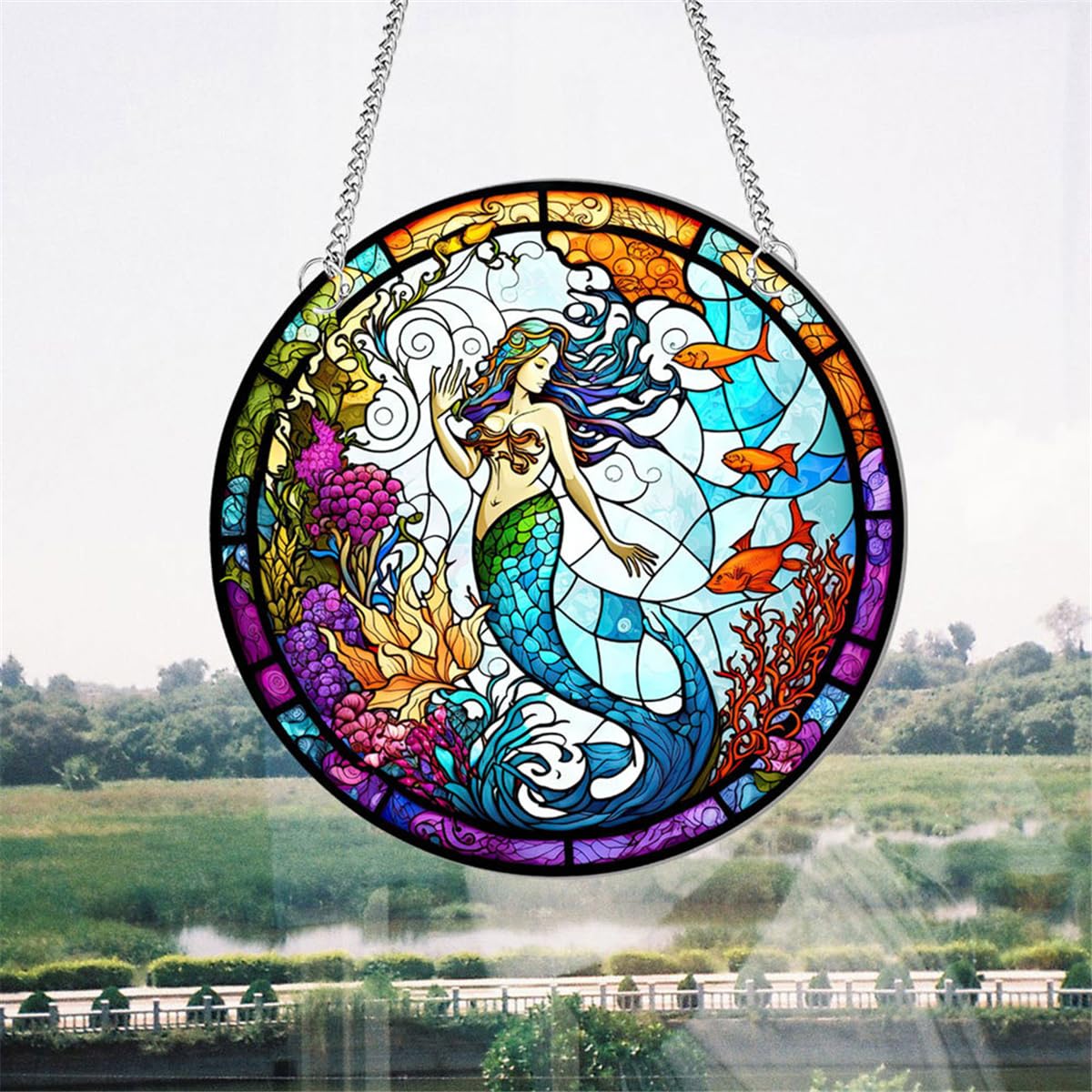 Mermaid Hanging Ornament, Christmas Ornament Decoration, Stained Glass Hanging Suncatcher, Round Acrylic Mermaid Wall Window Hanging Decor with Chain, Holiday Ornament Keepsake Gifts (Mermaid)