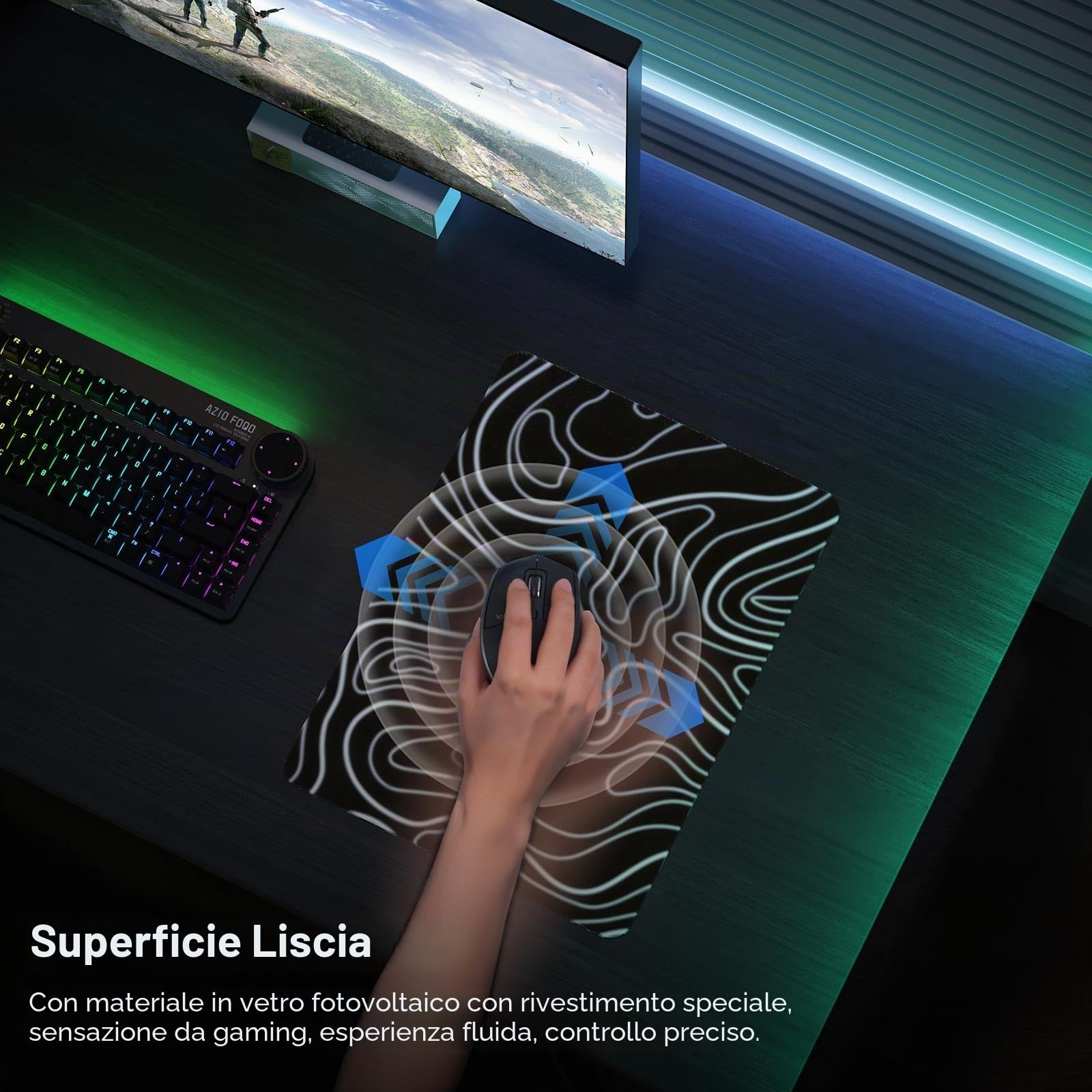 DAWNTREES Tappetino per mouse da gioco in vetro, tracciamento preciso e veloce, in vetro temperato, base in gomma antiscivolo, tappetino XL per gamer, ufficio e casa, topografico nero