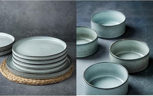 famiware Star - Juego de 6 vajilla de cerámica (18 piezas), platos llanos, platos de ensalada, cuencos para cereales, color azul ahumado