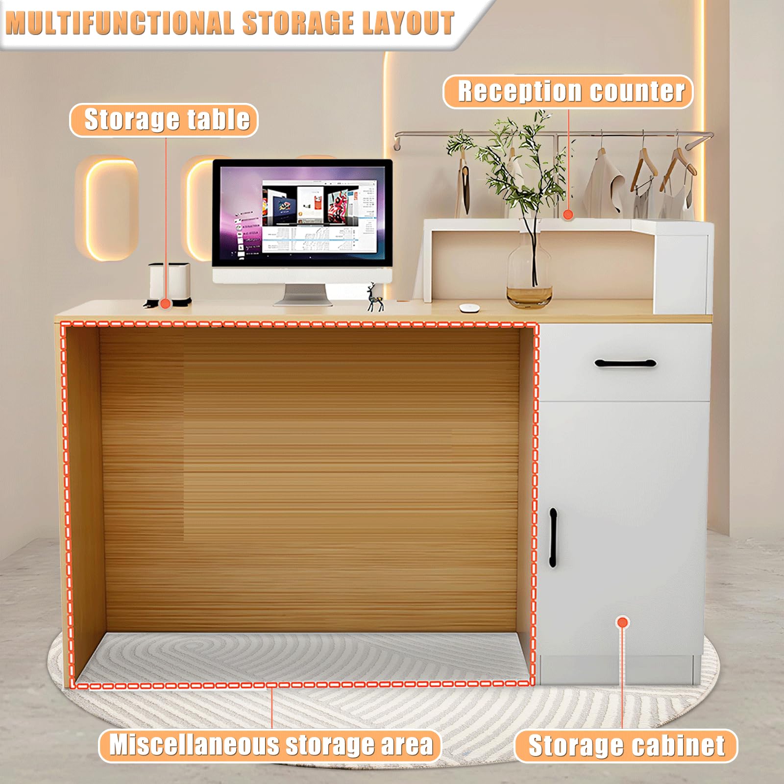 Recepción, escritorio de recepción grande, escritorio de recepción con mostrador, mostrador de pago para pago, vestíbulo, salón de belleza, oficina en casa, venta al por menor, clínica, oficina