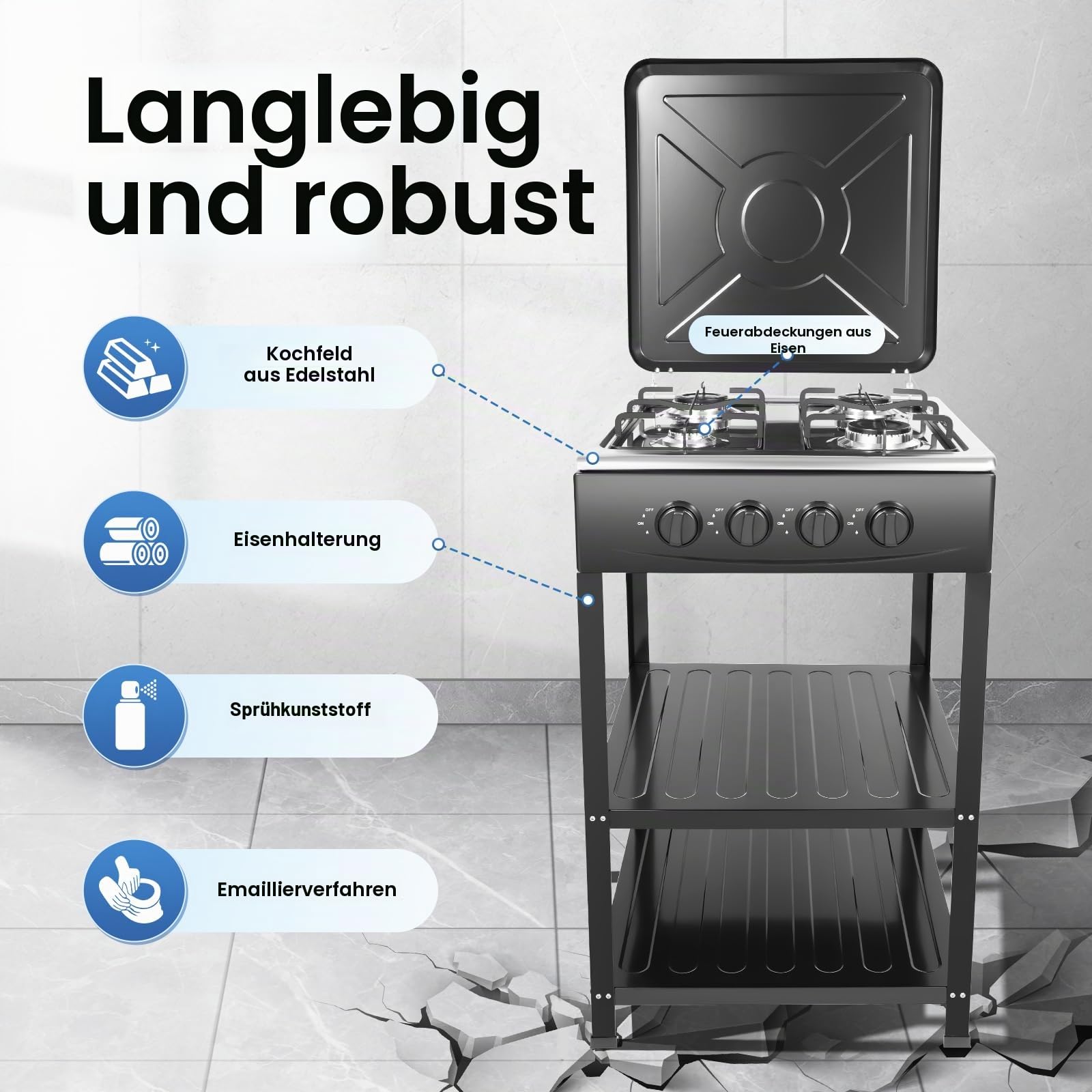 4-flammiger Gasherd, Einbau-Gasher für den Hausgebrauch, freistehender Gasherd mit 4 unabhängig voneinander regelbaren Kochstellen, ideal für Camping, Wohnmobile und den Hausgebrauch