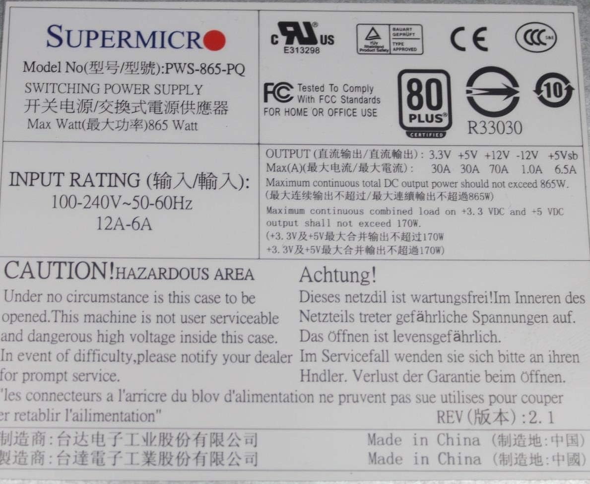 Supermicro PWS-865-PQ 865W ATX - Fuente de alimentación (865 W, 100-240, 50/60, 12 V, +3,3 V, +5 V, activo, 30 A)
