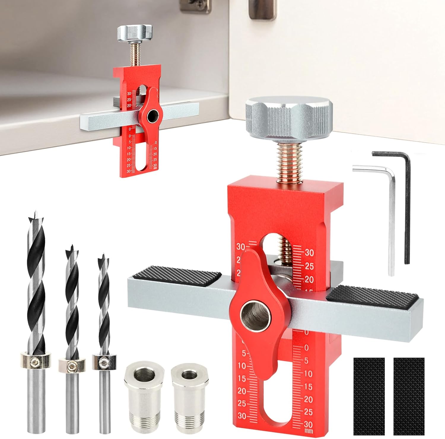 Cabinet Door Installation Jig, 2-in-1 Aluminium Alloy Cabinet Hardware Jig with Adjustable Positioner, Bag＆3 Drill Bits for Installing Frameless or Face Frame Cabine-t Doors