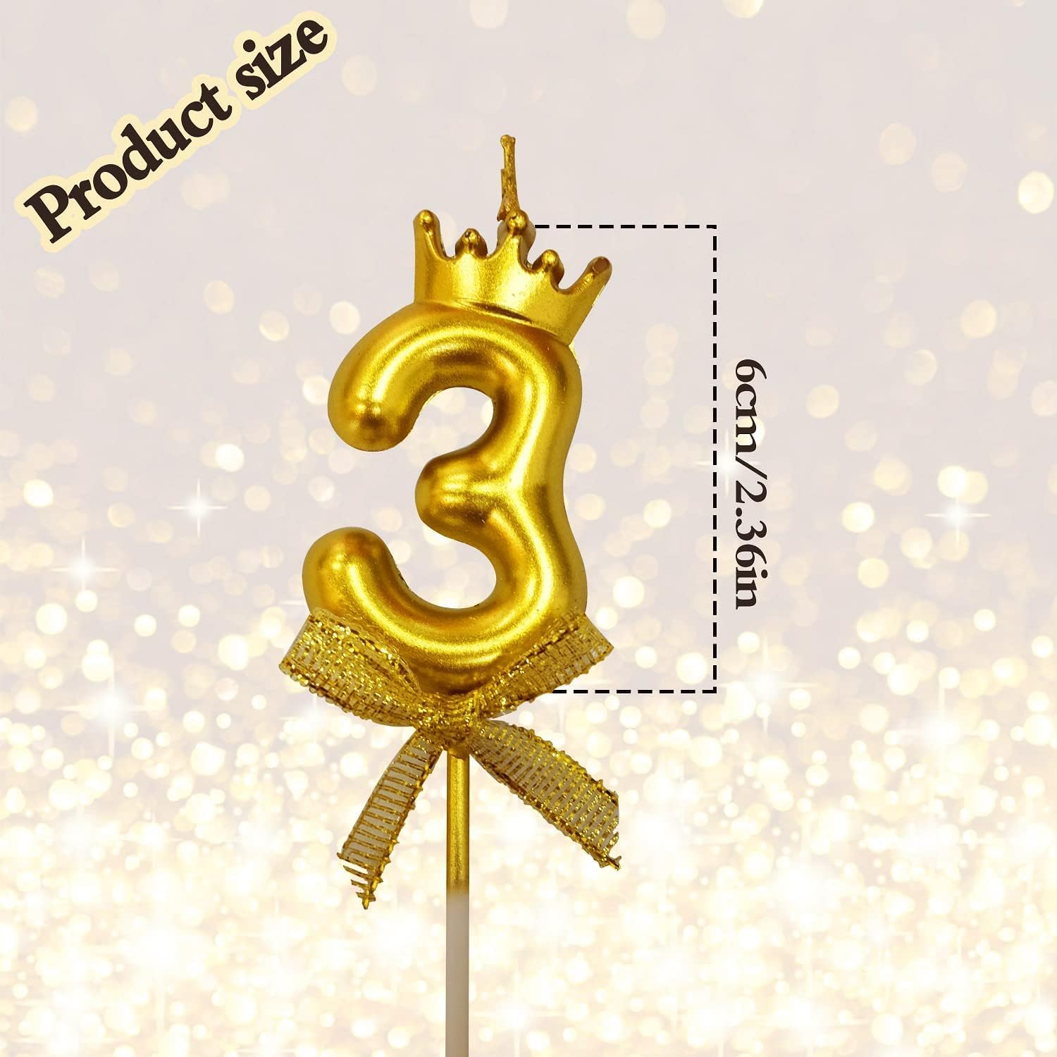 FI - FLICK IN 1 Pc 3 Number Candle for Birthday Cake Metallic Gold Number 3rd Birthday Cake Decoration Three Candle with Crown on Top Cake Topper 0-9 Number Candles for Anniversary (Pack of 1, Gold)
