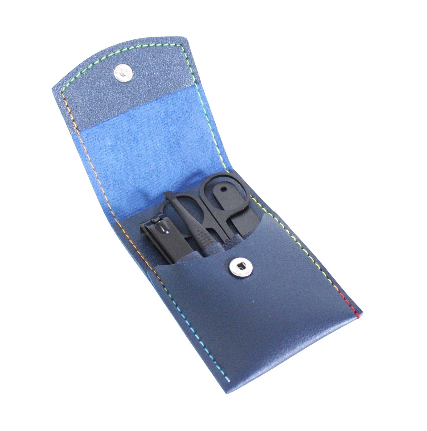 4 Piece Black Stainless Steel Nail Clipper & Manicure Set with Blue Faux Leather Case – Travel Grooming Kit for Men & Women – Stocking Stuffer & Dorm