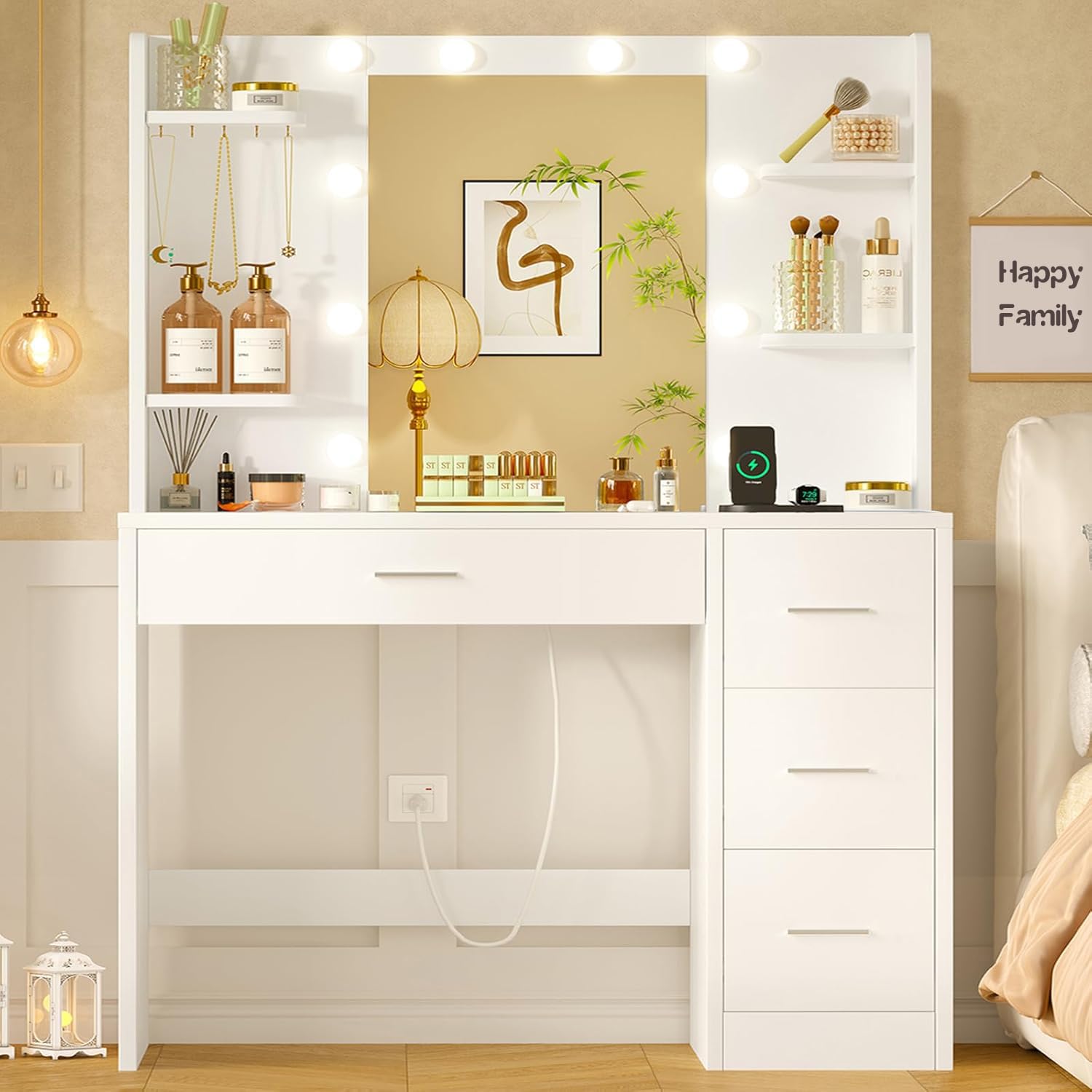 TEENFON Toeletta Trucco con Specchio, 3 con Luminosità Regolabile, Postazione Trucco con 4 Ripiani Apert, Bianco,Presa, 4 Cassetti, 5 Ganci per Gioielli