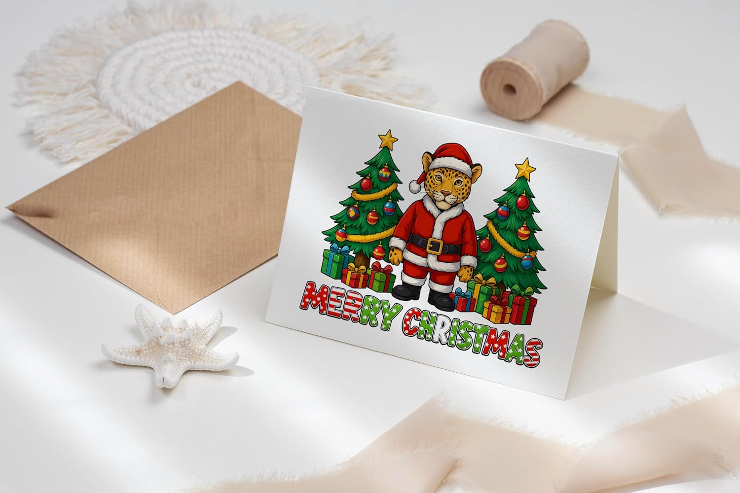 Jaguar Christmas Card 2025 - Santa Big Cat Holiday Greeting With Festive Trees And Colorful Gift Boxes - Seasonal Collectible Gift For Friends Family image 4