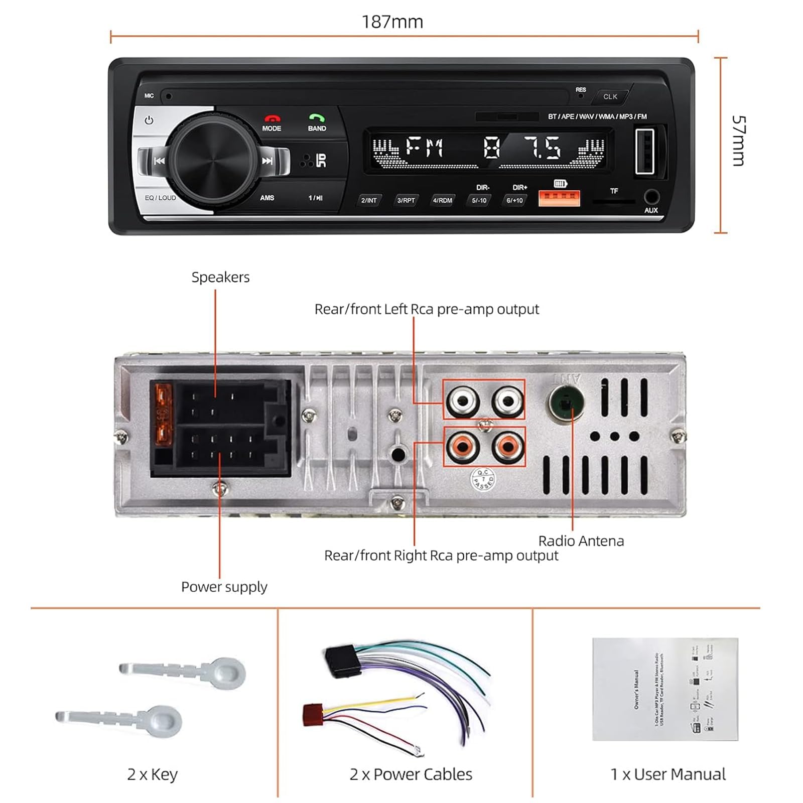 NHOPEEW Bluetooth-Stereo-Autoradio mit doppeltem USB-Anschluss, FM, TF, EQ, AUX-Eingang, 1-DIN-Autoradio, MP3-Player mit Bluetooth-Freisprecheinrichtung und 7-farbigen Lichtern