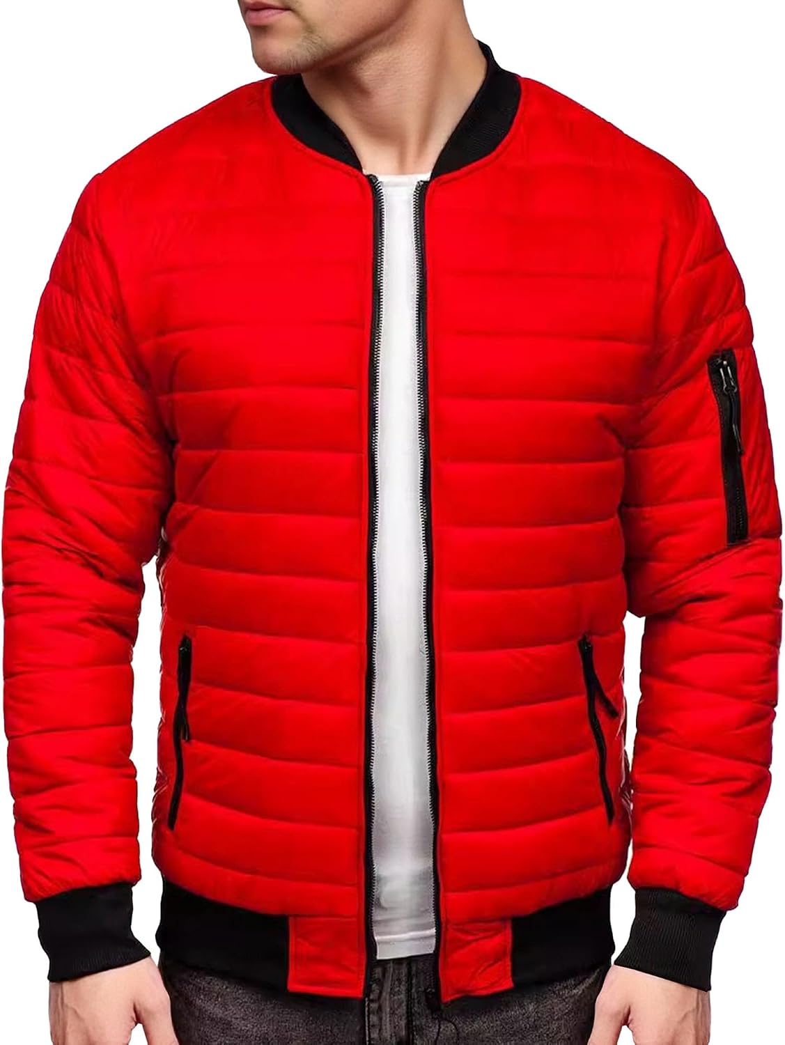 Mens Bomber Jackets Quilted Fall Winter Rib Varsity Lightweight Coat Puffer Jacket Full Zip Up Windproof Parka Coat