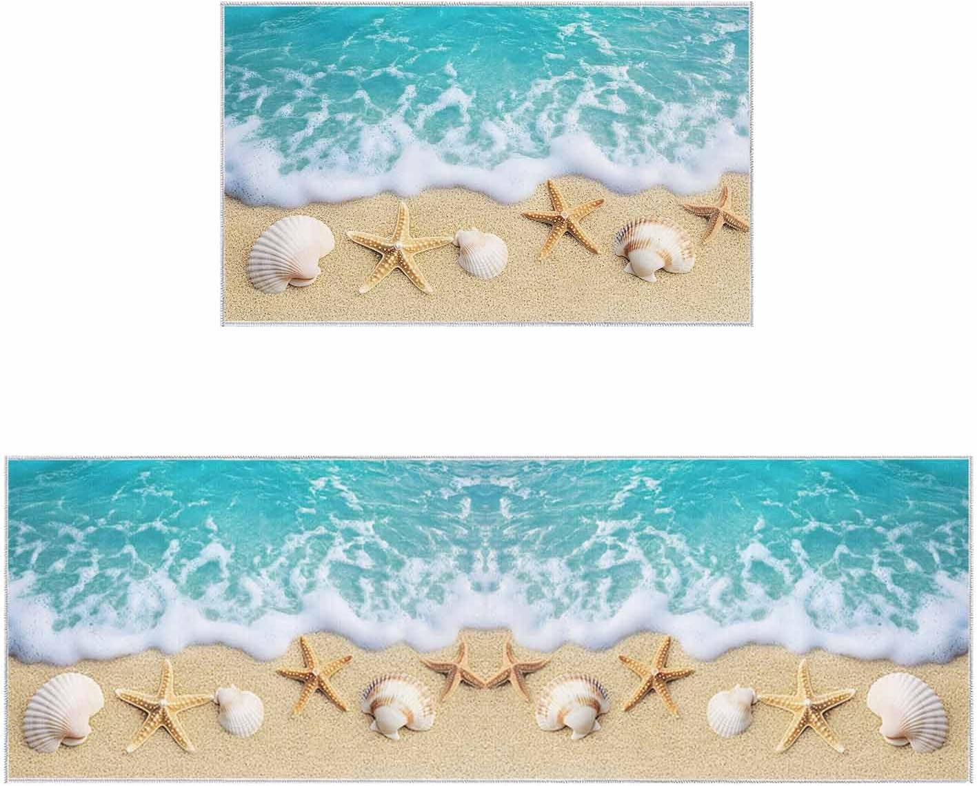 2 Pieces Kitchen Rugs and Mats,Summer Nautical Ocean Starfish Shell Waves Area Runner Rug Set Non Slip Floor Doormat Washable Carpet Standing Mat for Kitchen Sink Indoor Corridor,Coastal Beach Theme
