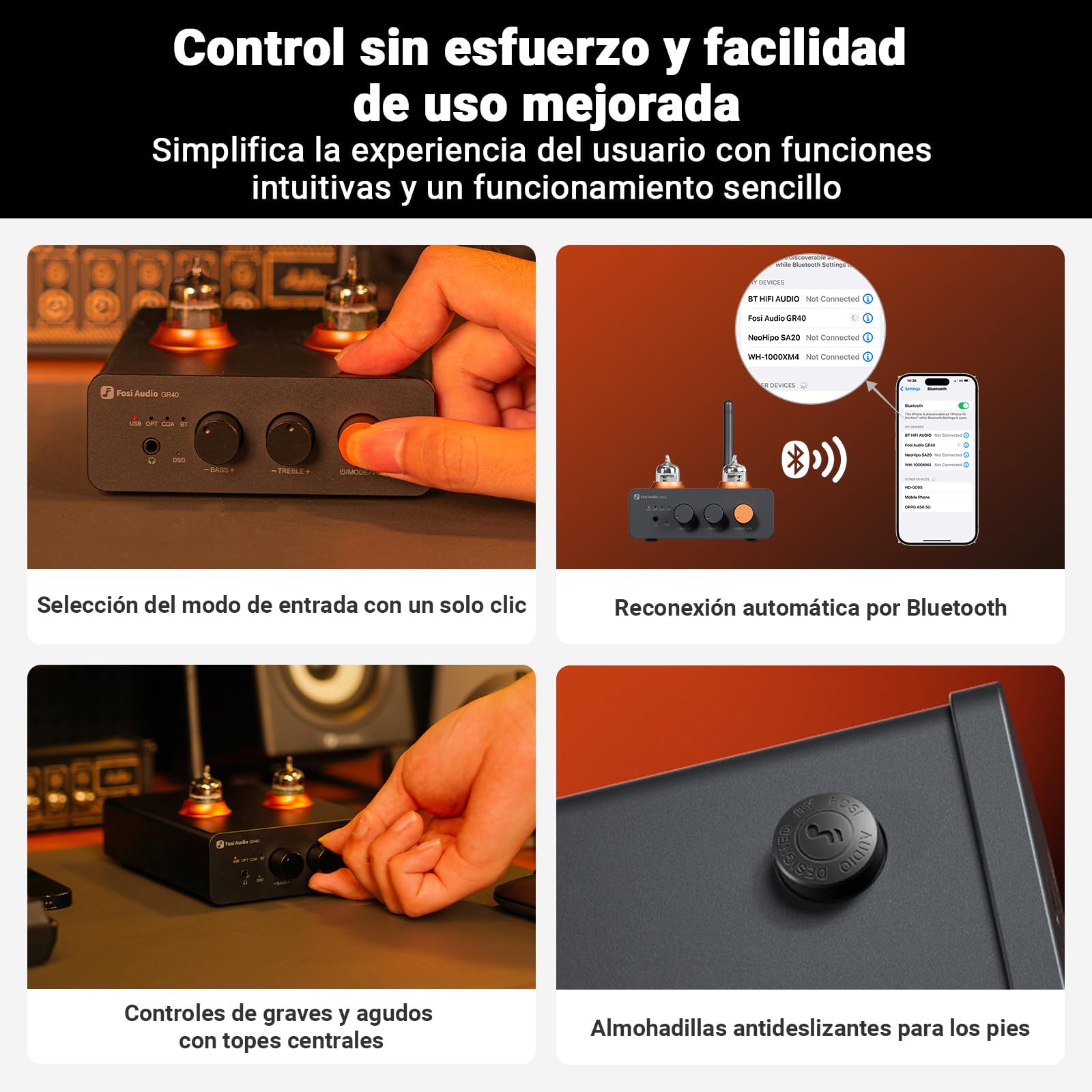 Fosi Audio GR40 Preamplificador de Tubo con DAC, Amplificador de Auriculares Estéreo de 3,5 mm, Audio Doméstico para Altavoces/Auriculares Activos, Preamplificador con Bluetooth y USB/Opt/Coax