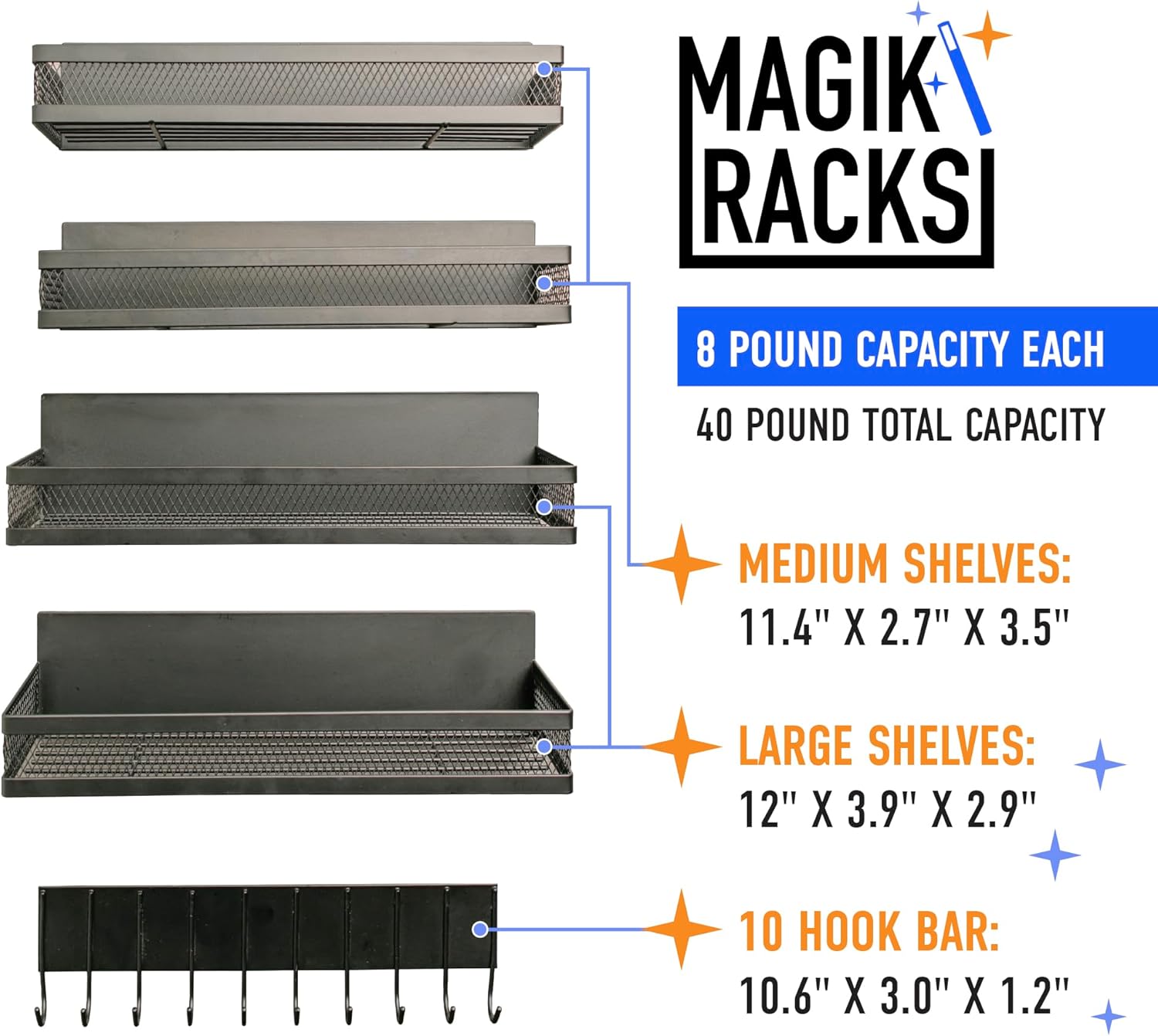 Magik Racks Magnetic Shelves - Ideal Spice Rack & Home Storage Organizer for Kitchen, Entry Way and Laundry Room - 4 Magnetic Shelves + 1 Hook Bar (3.94" x 12.2" x 3.15")