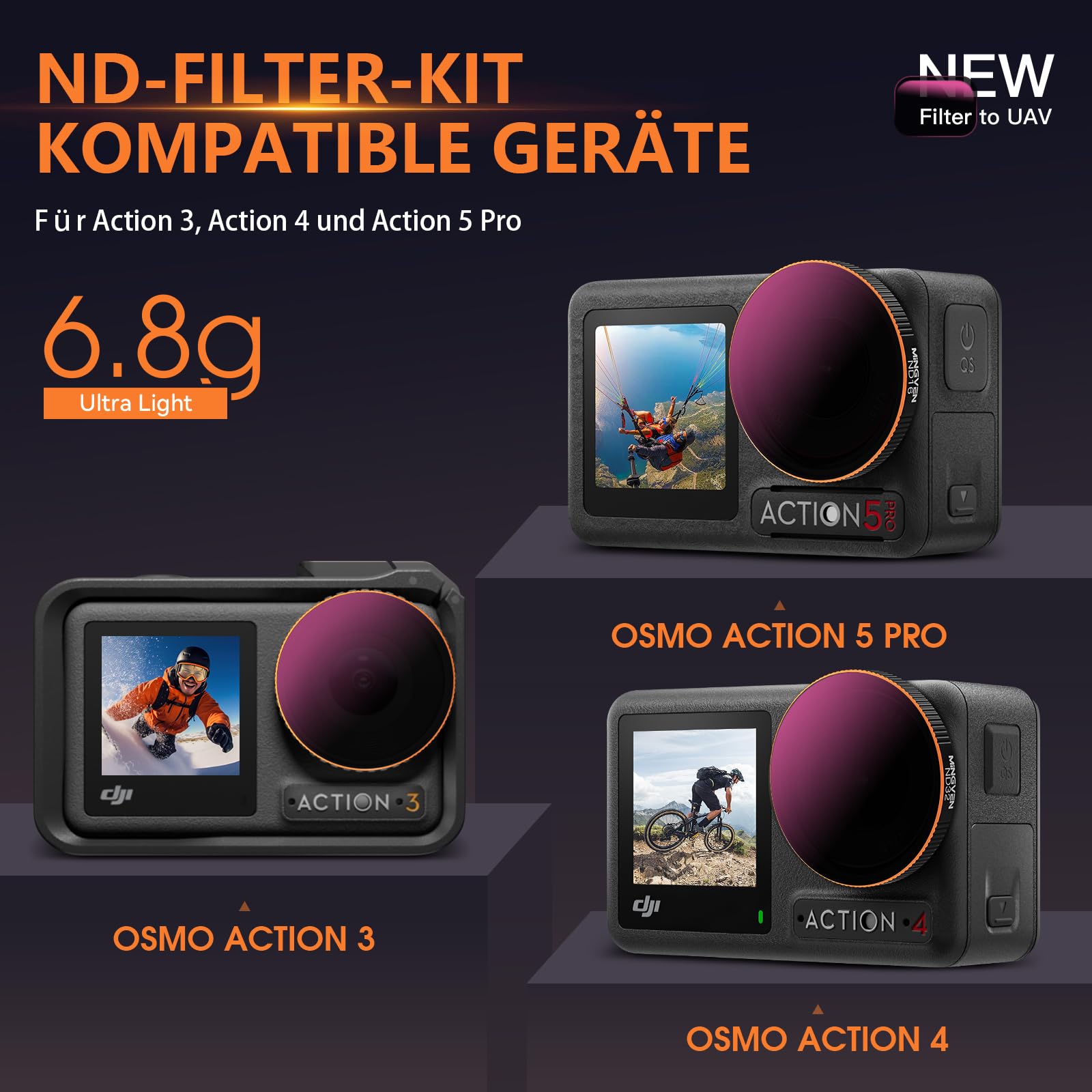 ND-Filter-Set für DJI Osmo Action 5 Pro, CPL + ND-Filter-Set, Kompatibel Mit Osmo Action 4/3 Zubehör, 4er-Pack (CPL, ND8, ND16, ND32)