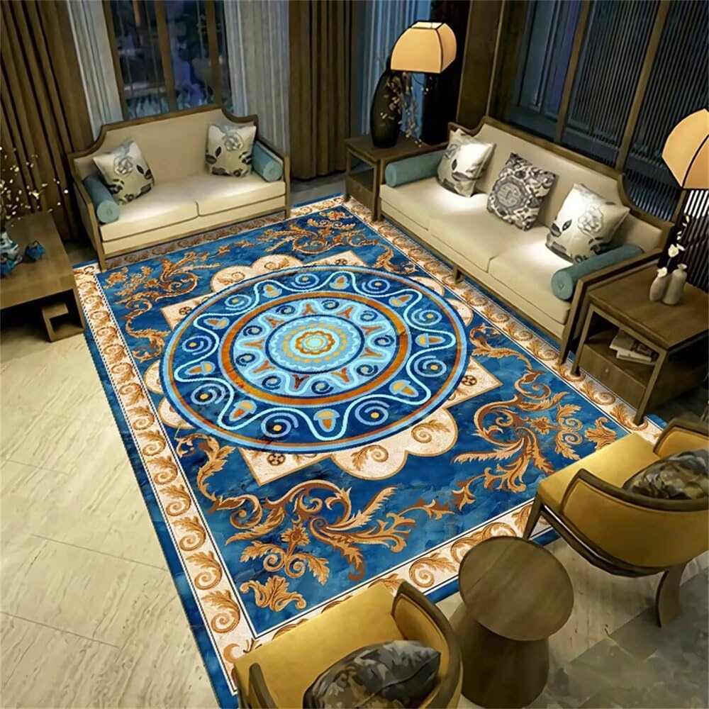 Tapis salon XXL bleu 160x250cm, moquette de couloir durable au design floral