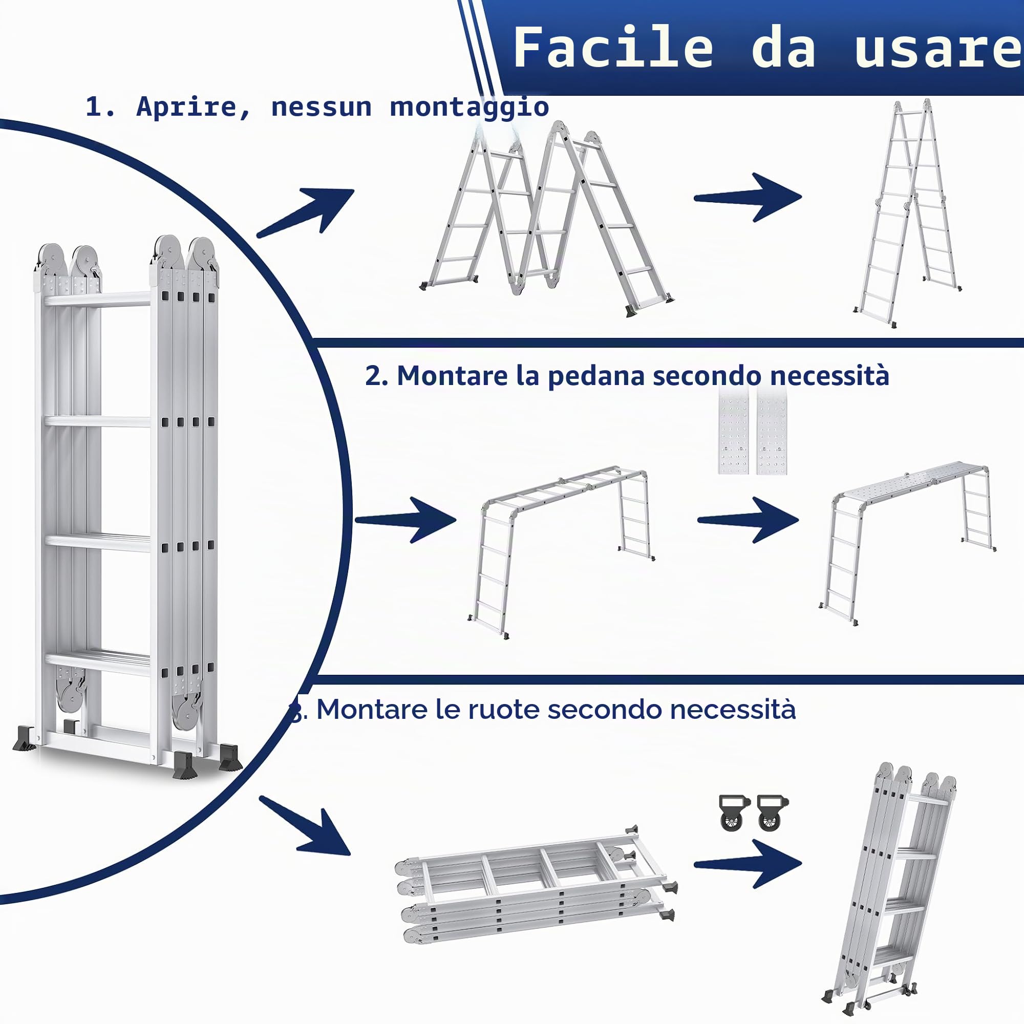 YRHome - Scala multiuso 6 in 1, in alluminio, articolabile, pieghevole, scala a tetto, 340 cm, multifunzionale, con piattaforma, fino a 150 kg di capacità, 4x3 gradini, argentata