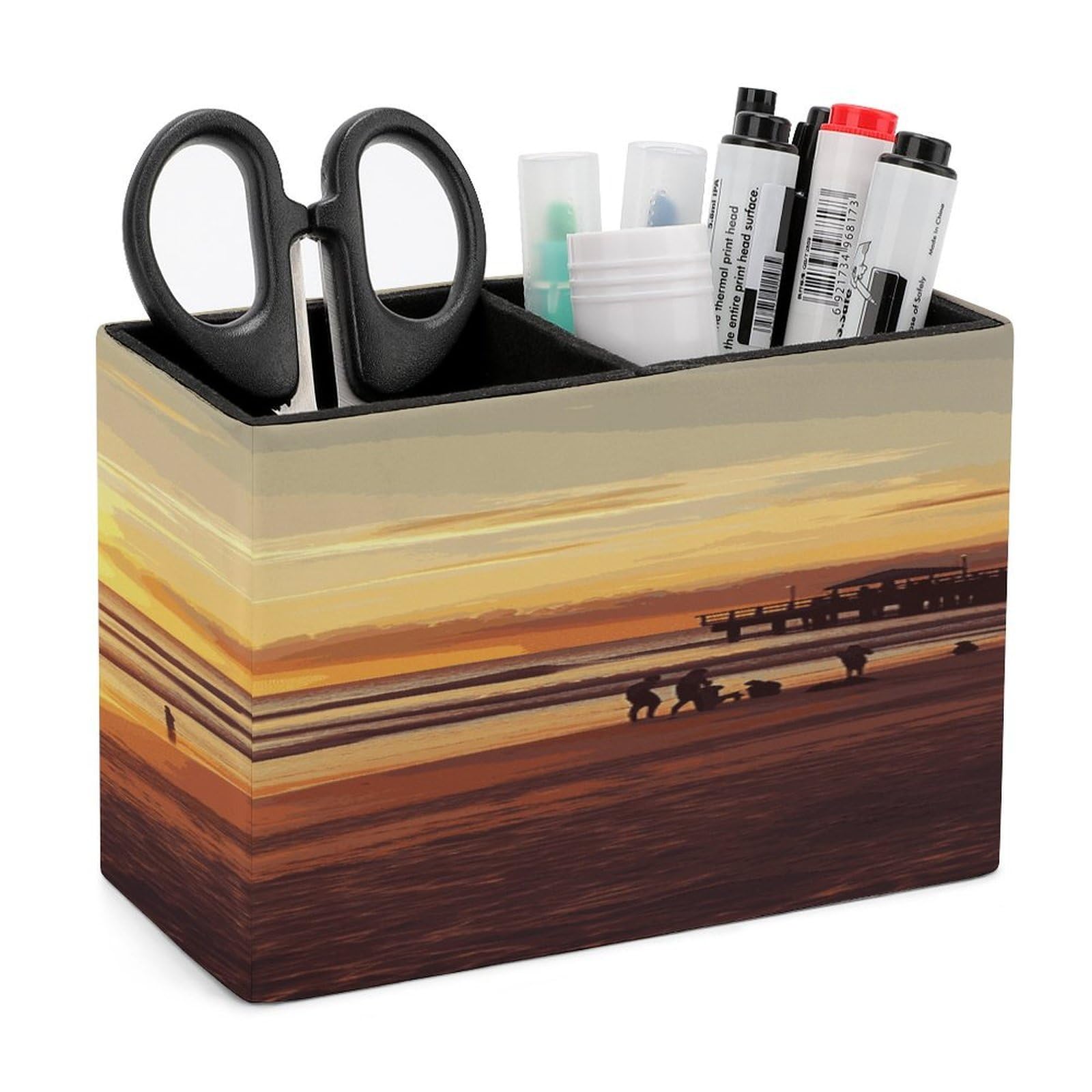 LDGSUPH Sunset Beach Leather Pen Holder for Desk Organizer Caddy Large Pencil Cup Multi-function Pencil Holder Makeup Brush Holders Pen Organizer for Home Office Storage Box