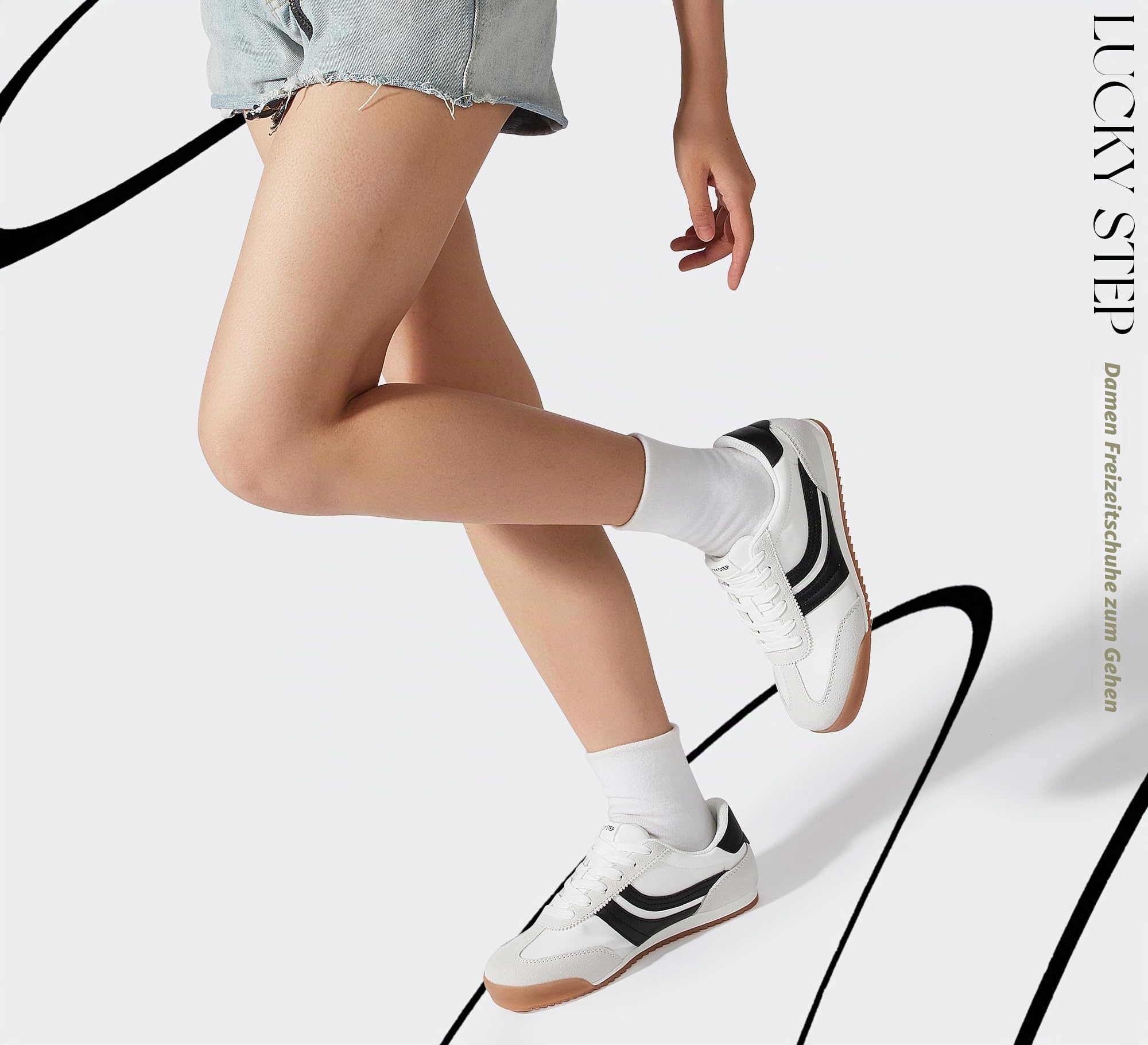 LUCKY STEP Damen Sneakers im Retro-Design | Leichte Freizeitschuhe mit dünner Profilsohle und Schnürung | rutschfest für Fitness, Walking und den Alltag