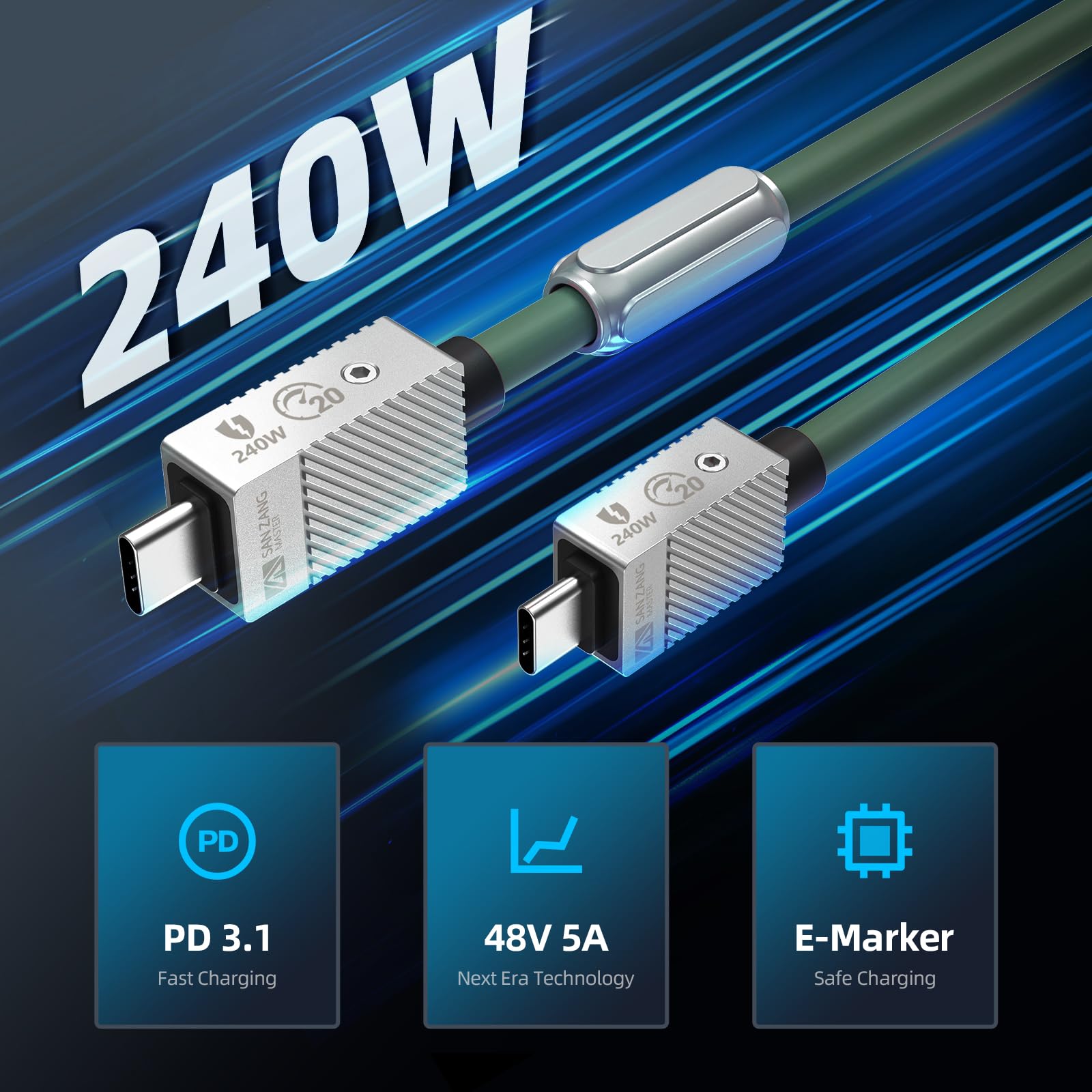 Cavo da USB C a USB C da 240 W per cavo USB 3.2 Gen 2 compatibile con Thunderbolt 2, E-Marker da 240 W, cavo DisplayPort 4k, cavo di trasferimento dati a ricarica rapida da 20 Gbps 0,5 m, verde