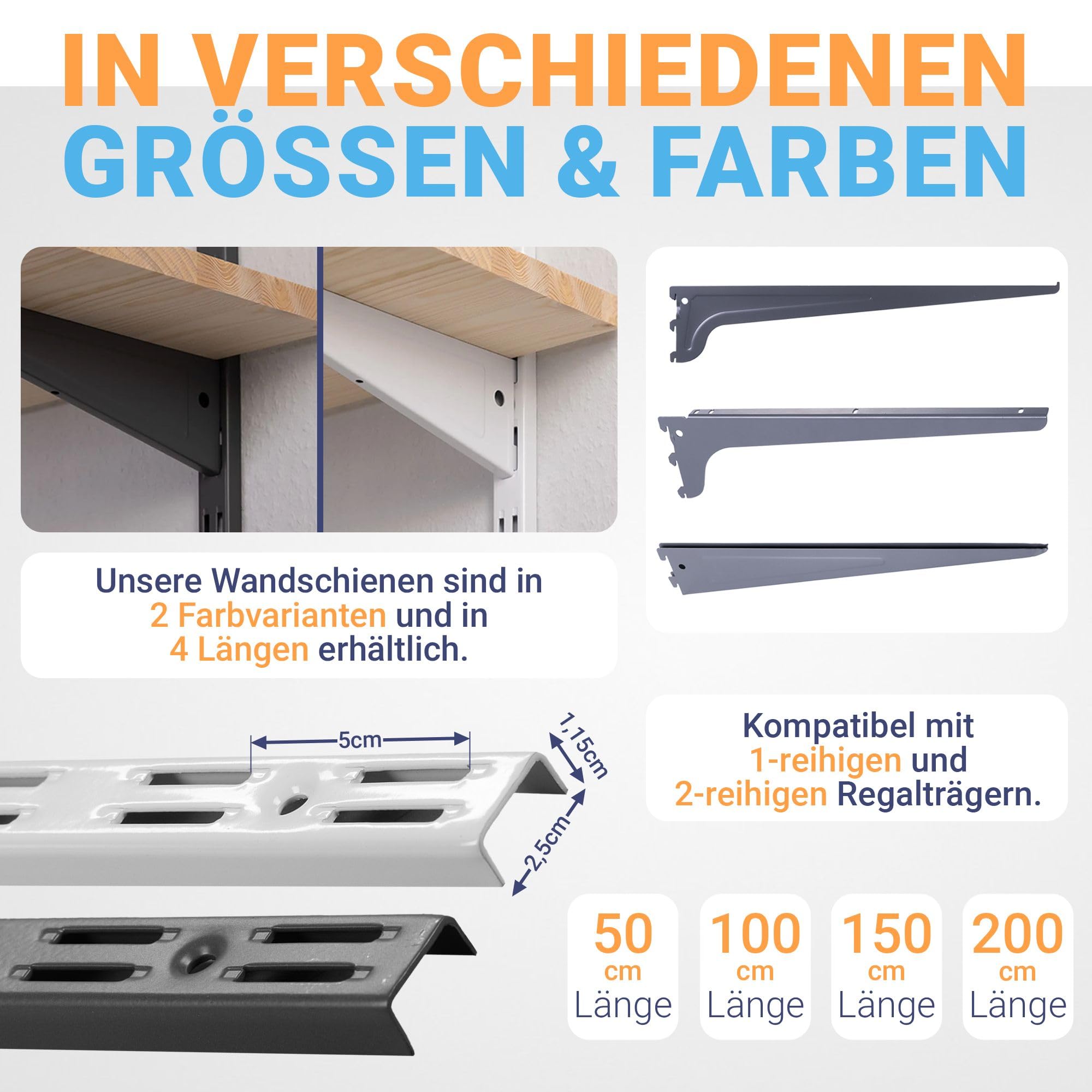 Wandschienen 2-reihig · Länge: 150cm · Farbe: Anthrazit · Menge: 10 · Regalsystem Wandschiene für Regalhalter · Wandregal Schienensystem für Regalträger