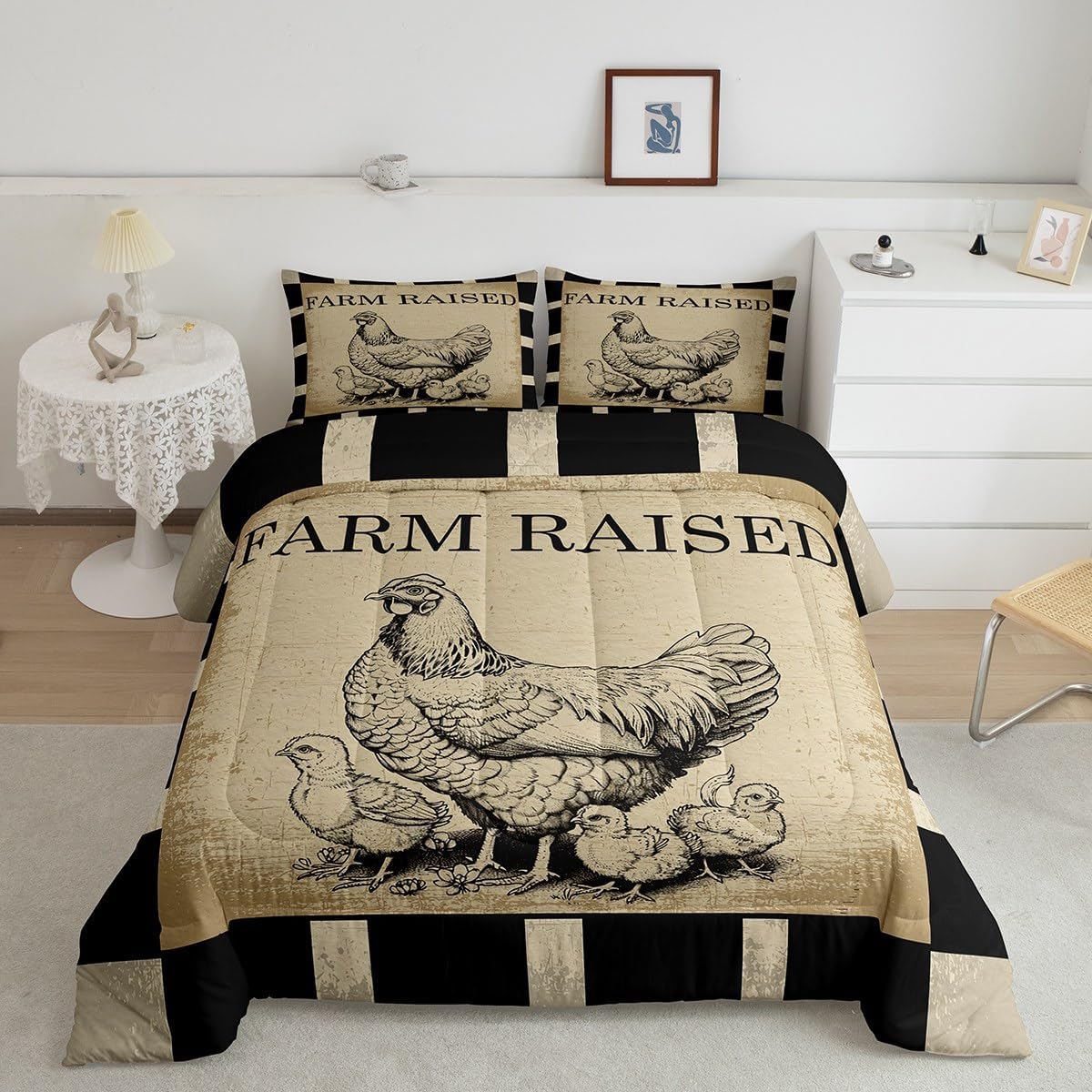 Farm Comforter Set Rustic Farmhouse Chicken Pattern Comforter Cover for Kids Boys Girls Buffalo Check Bedding Set Breathable Farm Animal Pattern Duvet Set Room Decor Comforter Inner Fill King Size