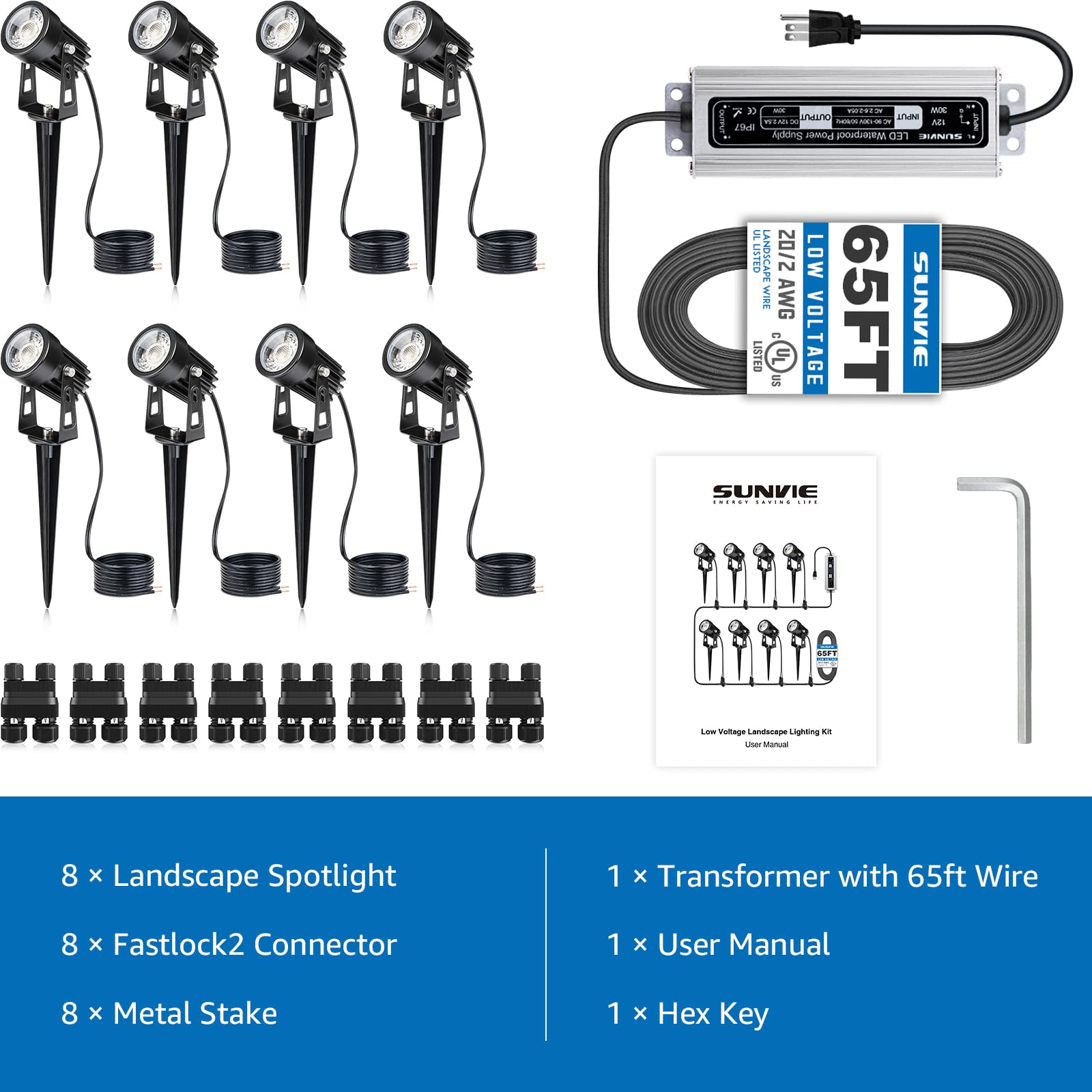 SUNVIE Spot Lights for Yard, Low Voltage Landscape Lighting Kit with Transformer 65FT Wire and Connectors, 3000K Spotlights for House, Waterproof Garden Lights Outdoor Electric, 8 Pack