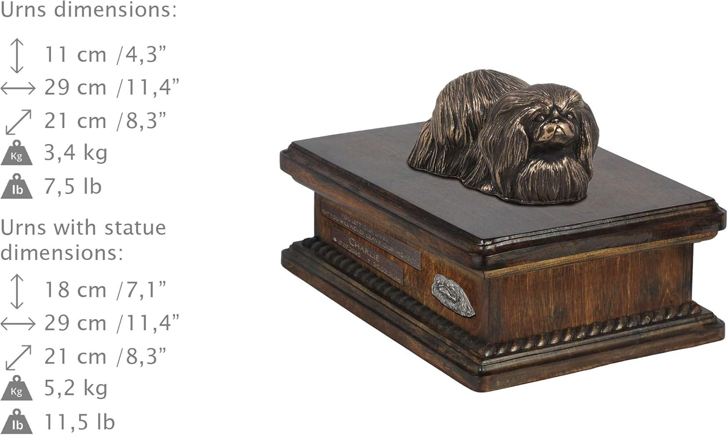 Art-Dog Custom Dog Sitting Statue Memorial Urn - Handmade Cold Cast Bronze on Birch Base – Sturdy and Stylish Urn for Dog’s Ashes – 8.3x11.4x8.7 – 5l – Pekingese