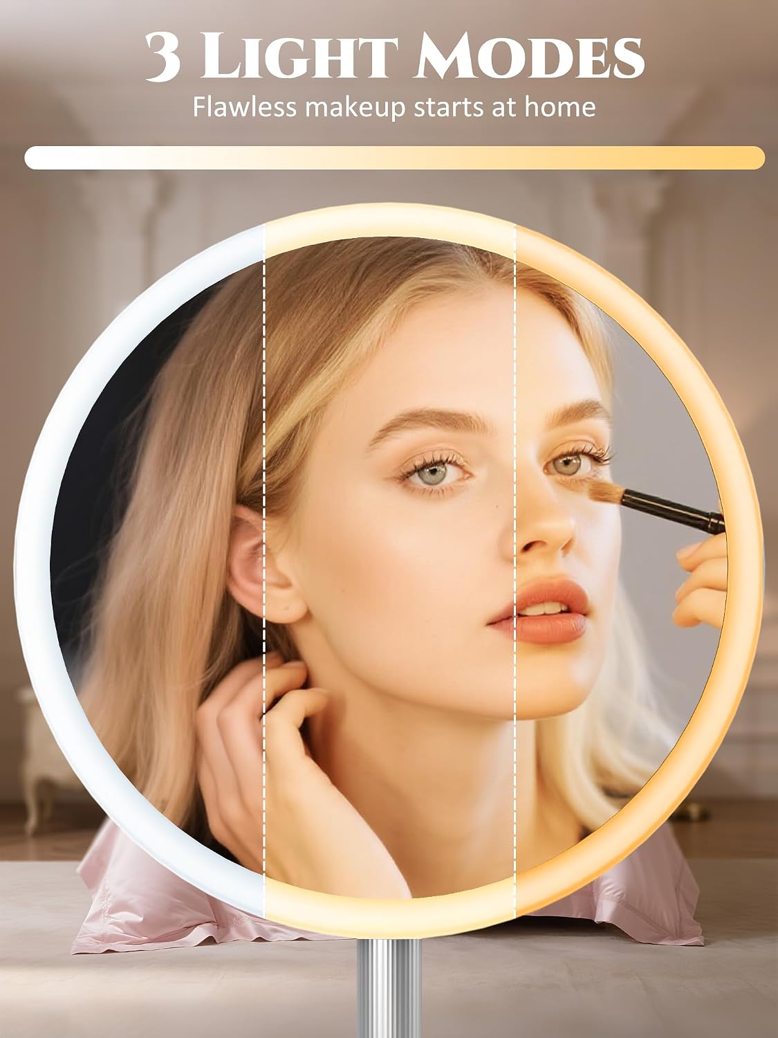 3-in-1 LED Makeup Mirror with Fan, Rechargeable Portable Cordless Fan, 3 Speeds Quiet Cooling, 3-Color Stepless Dimming Vanity Mirror, USB Powered for Home Office