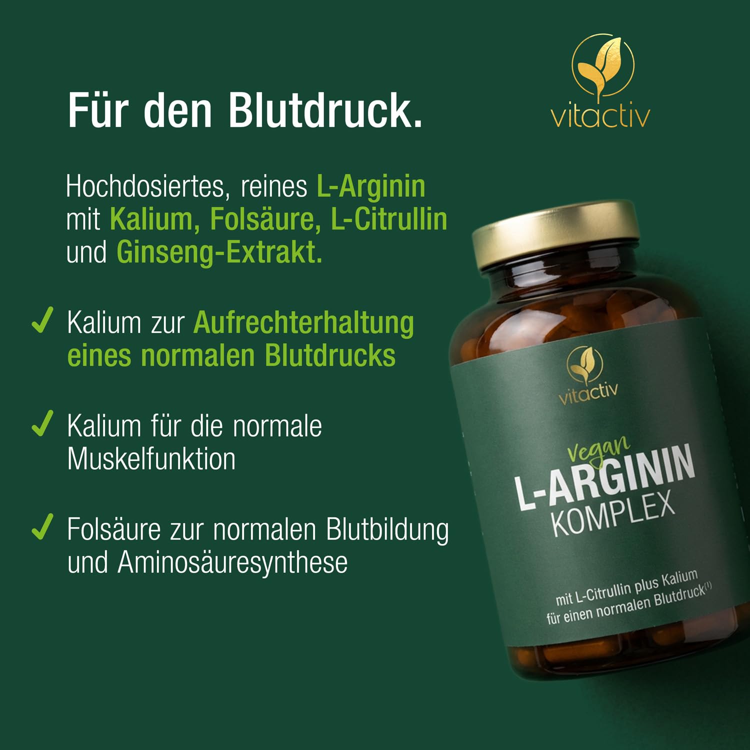 VITACTIV Arginin Komplex - L-Arginin Kapseln Hochdosiert - Mit Citrullin, Ginseng, Kalium plus B Vitamine für Blutdruck & Blutbildung - Vegan, Zuckerfrei - Laborgeprüft, 180 Arginin Kapseln