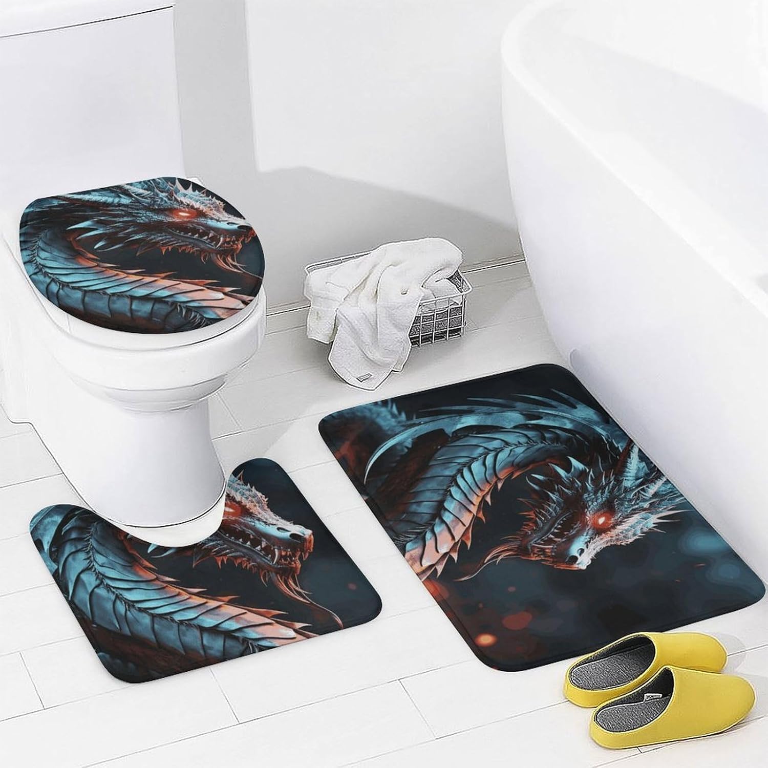 Dragon Shower Curtains Set 4 Piece with Non-Slip Rugs, Toilet Lid Cover and Bath Mat Soft Bathroom Carpet Waterproof Bathroom Curtain with 12 Hooks for Bathroom Decor