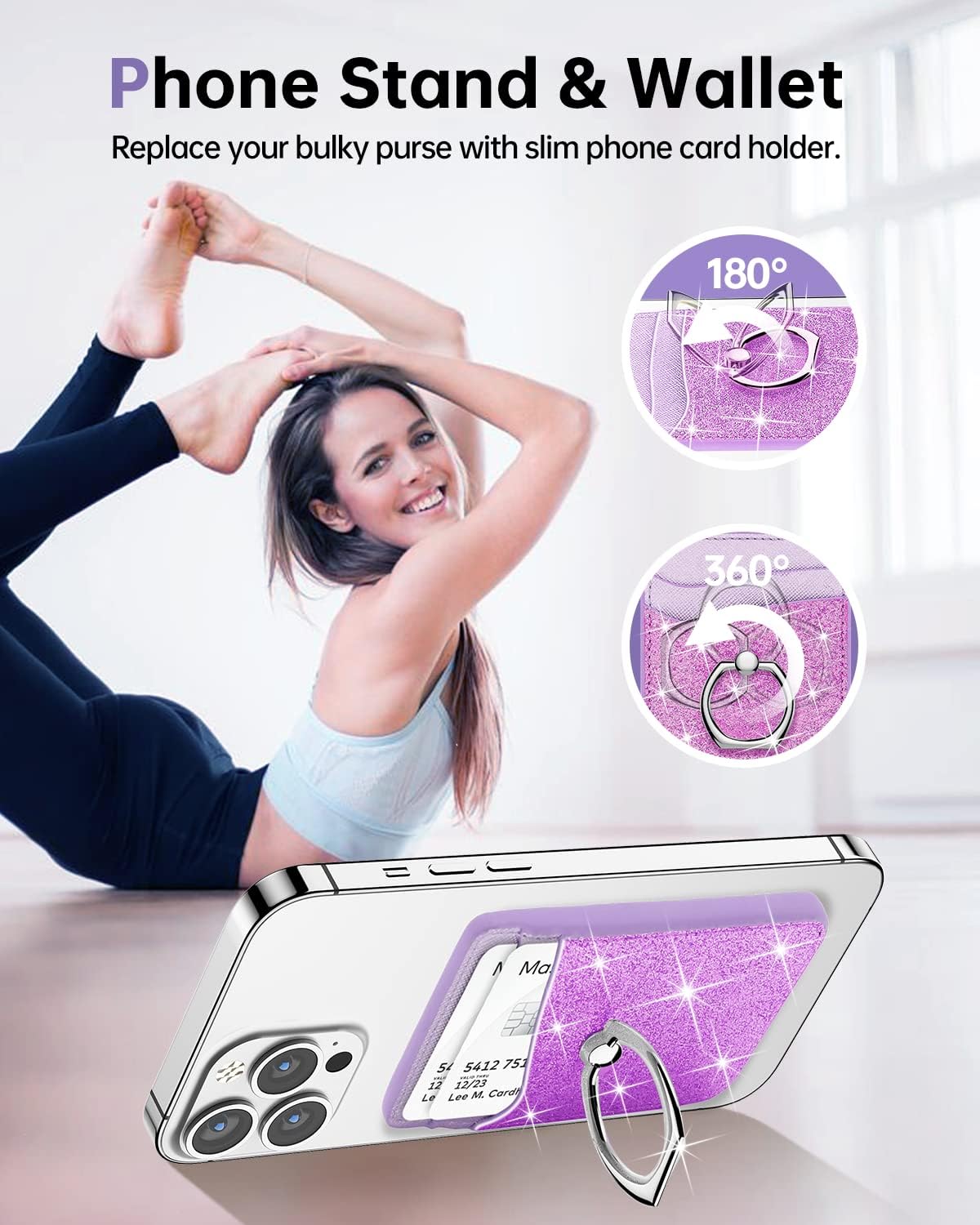 Gospire Magnetic Wallet with Ring for iPhone 16/15/14/13/12 Series, Magnetic Wallet Glitter with Credit Card RFID Blocking & 360°Rotation Stand, Card Holder Compatible with Mag Safe Cases - Purple - Image 5